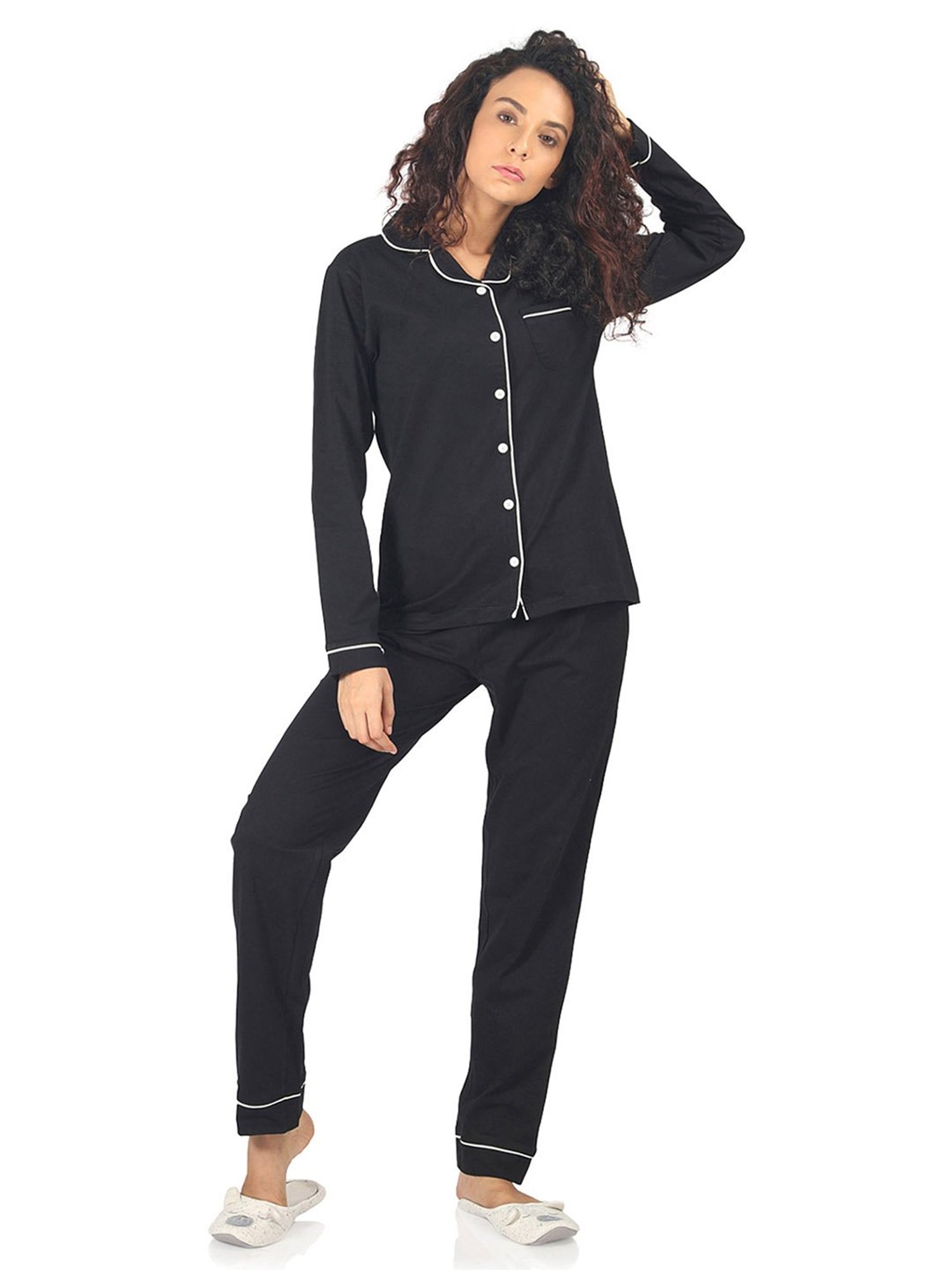 Nite Flite Black Cotton Shirt With Pyjamas