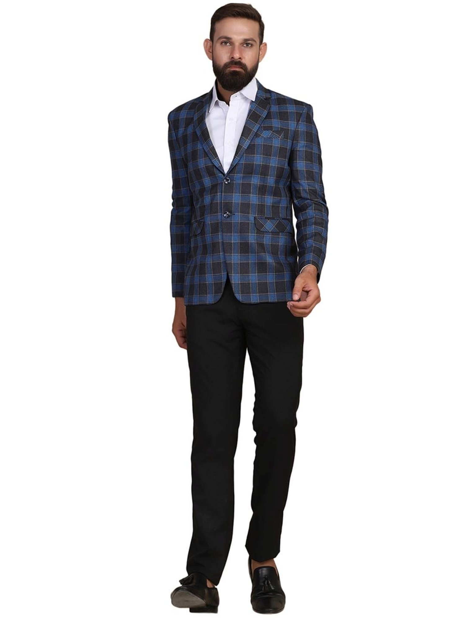 TAHVO Blue  Slim Fit Checks Two Piece Suit