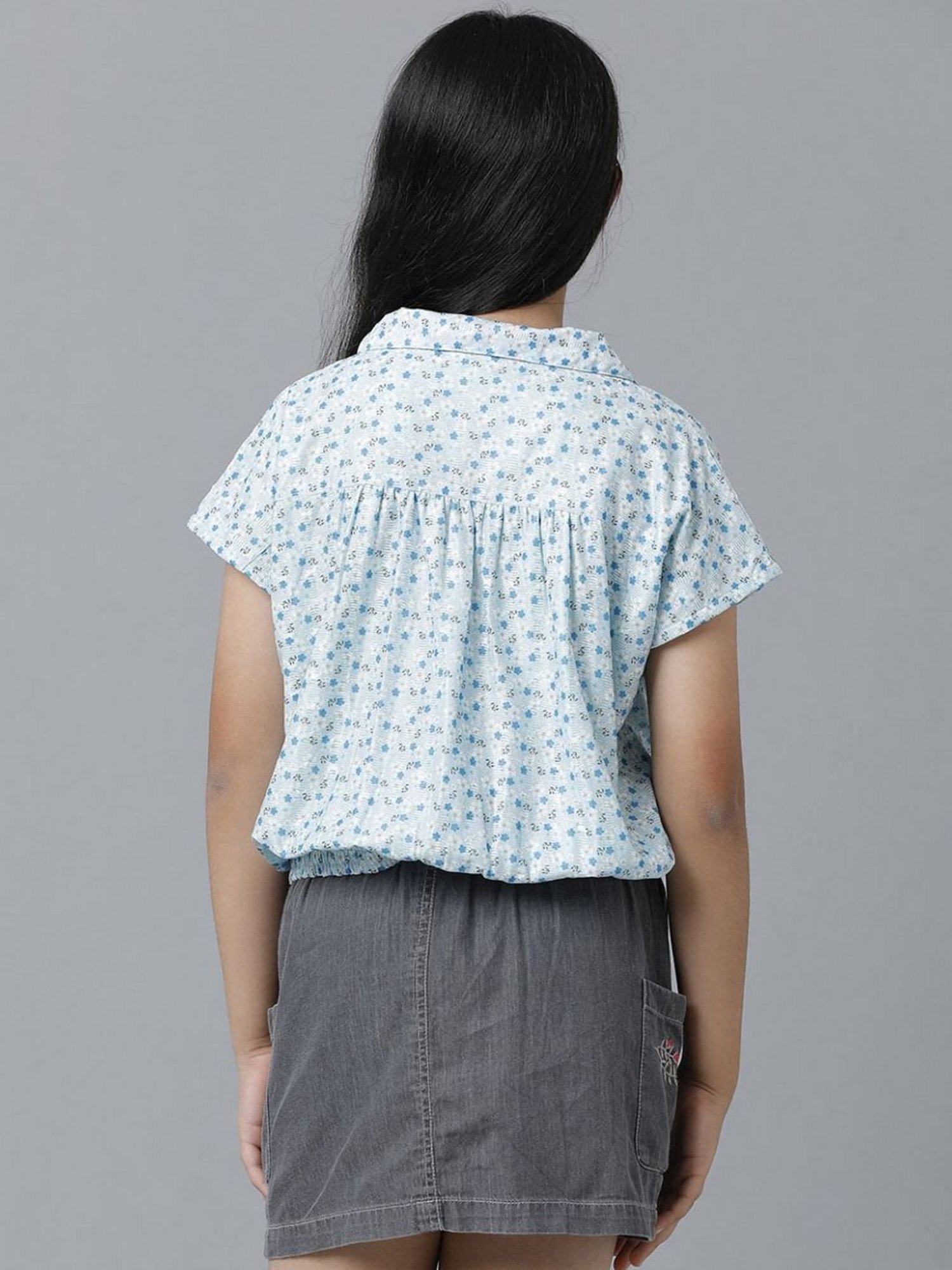 Under Fourteen Only Kids White & Blue Cotton Floral Print Top