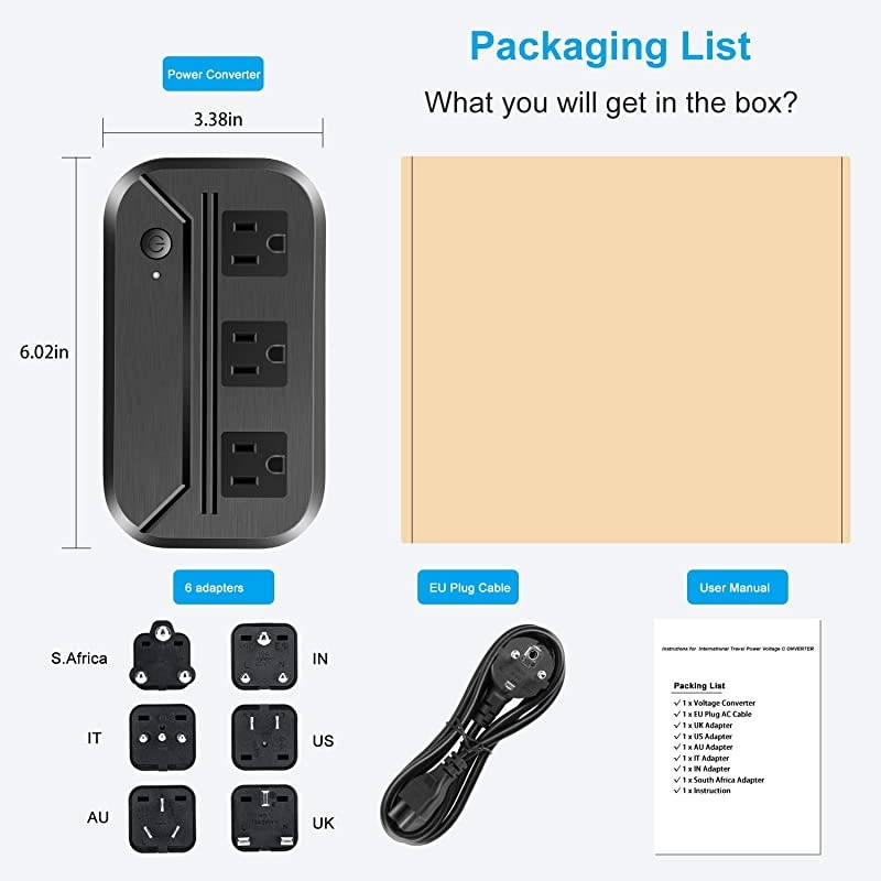 Converter 2300W Power Step Down 220V to 110V Universal Travel Adapter Power Converter Power Transformer w 3 AC Outlets 3 USB Ports 1 TypeC Charging EUUKAUUSITSouth Africa Black