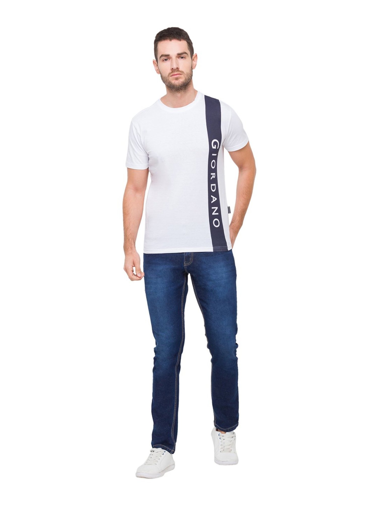 Giordano White Cotton Slim Fit Logo Printed T-Shirt