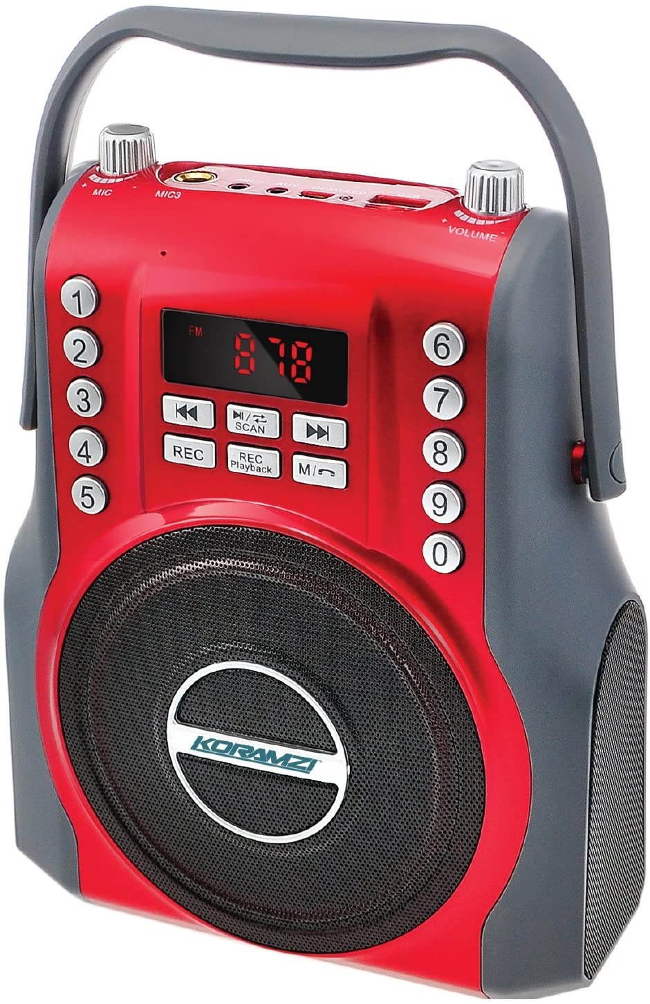 KORAMZI Karaoke Portable Rechargeable Boombox with BluetoothUSBSD FM Radio AUX in 3.5 mm Audio Jack Bluetooth Call Answering Electric Guitar Audio Input MIC Jack KS-200RD (Red)