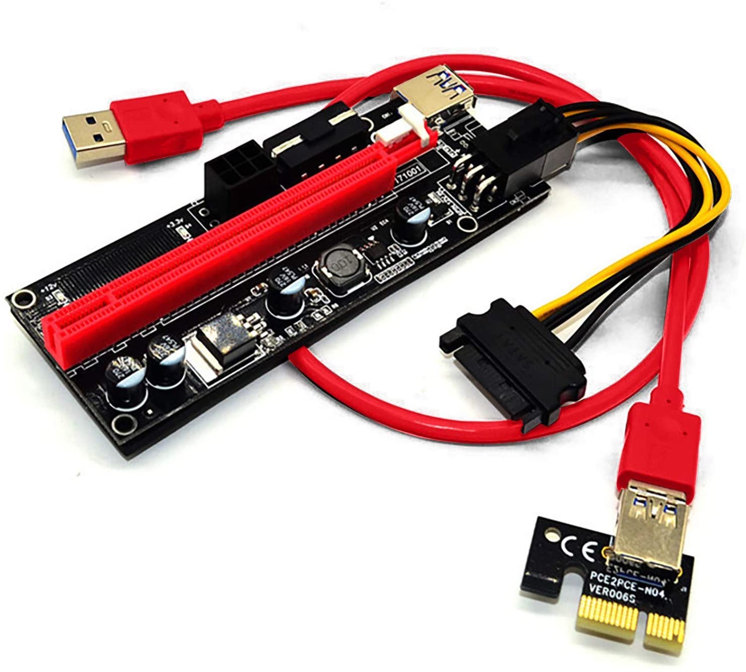 PCI-E Riser Extender Riser Card Adapter USB3.0 1x to 16x S-ATA 4 Pin Power Cable PCI-E Expre Dedicated PCIE Extension Cable Adapter Card for GPU Mining 4 Solid Capacitors (Red)