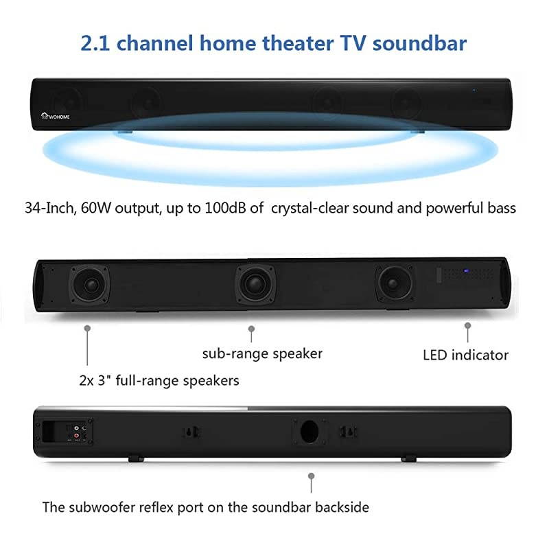 Soundbar  TV Sound Bar with Builtin Subwoofers and Bluetooth3Inch Drivers Remote Control Wall Mountable Support Optical AUX Coaxial USB 60W 34Inch Model S10