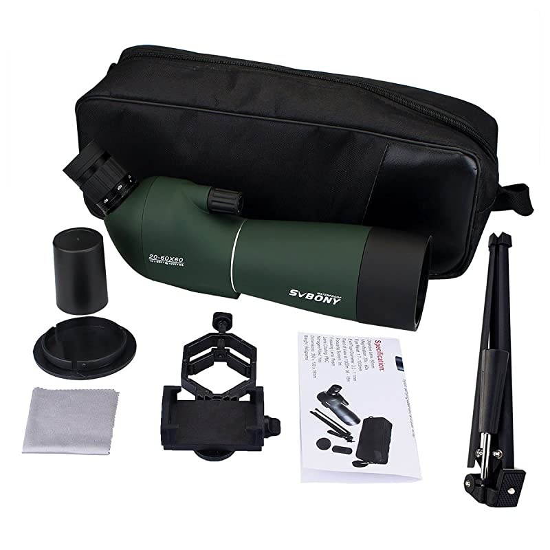 SV28 Porro Prism Spotting Scope 2060x60mm Bird Scopes Shooting Bird Watching 45 Degree Angled Eyepiece Telescope Target Shooting Hunting Bak4 Prism Phone Adapter2060x60mm