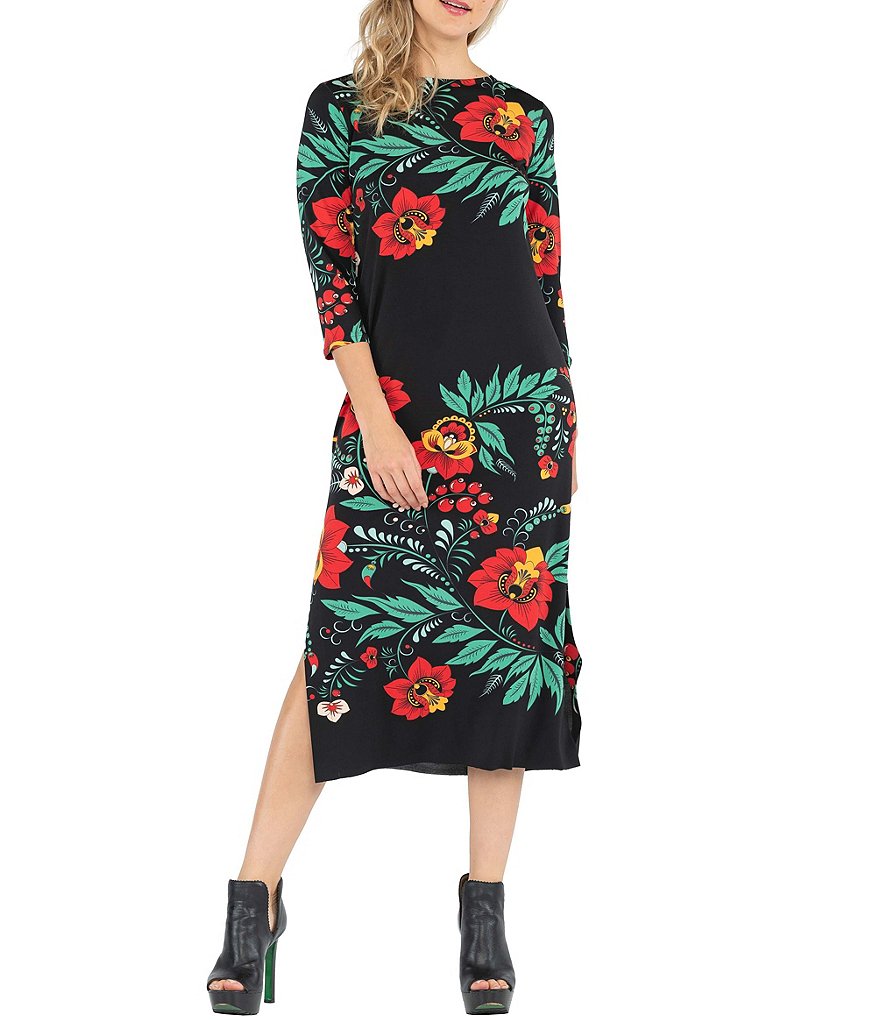 Eva Varro Floral Vine Placement Print Knit Side Slit Midi Dress