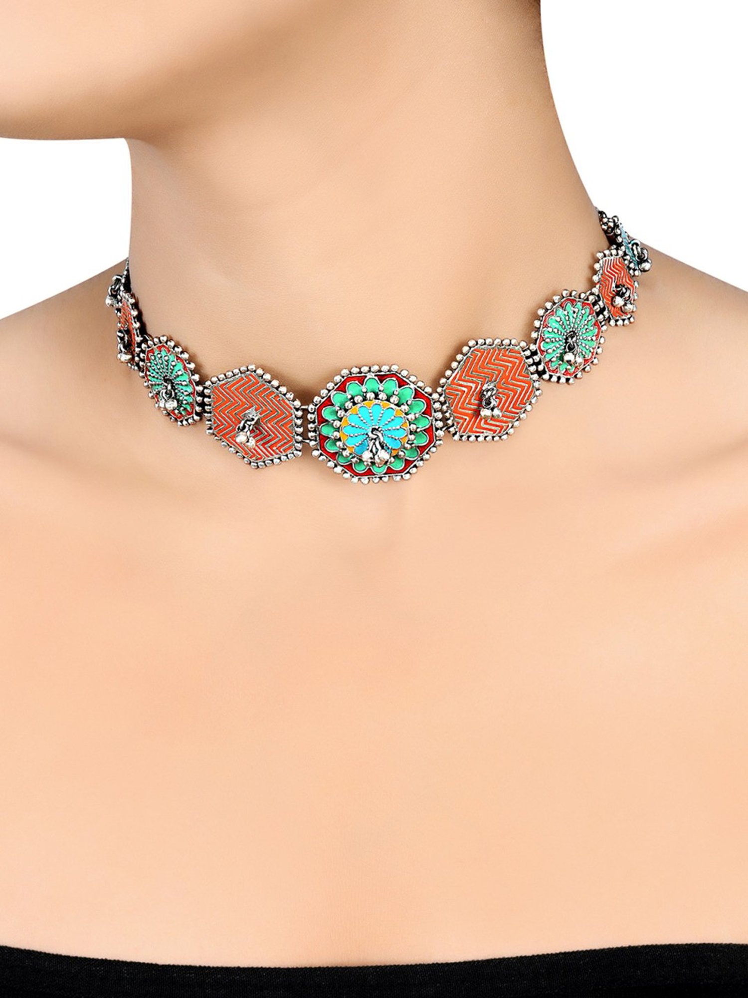Tribe Amrapali 92.5 Sterling Silver Rangeeli Ghungroo Collar Necklace for Women