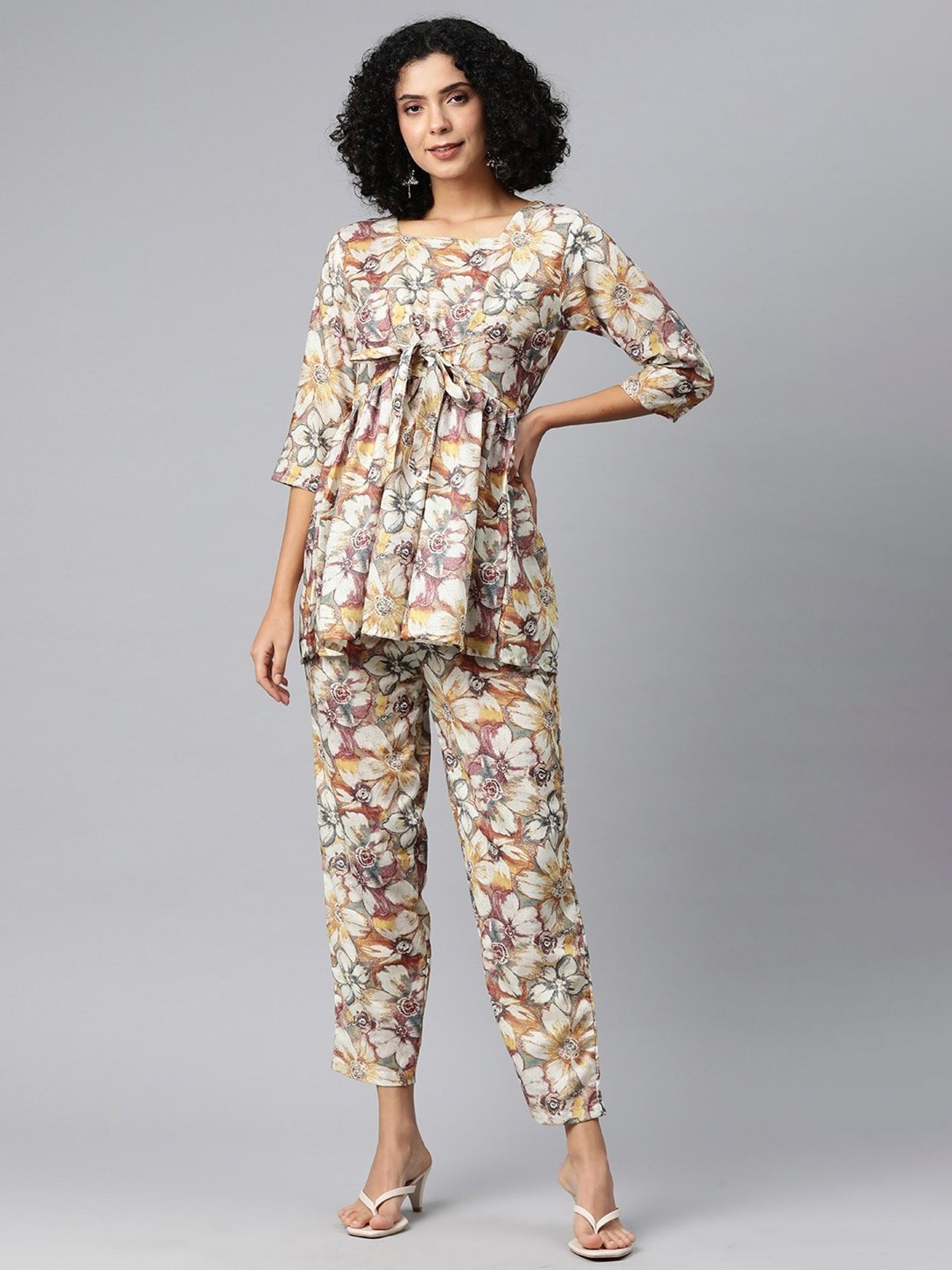 READIPRINT FASHIONS Beige Cotton Floral Print Top Pant Set