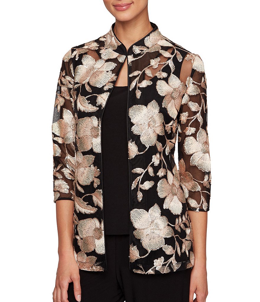 Alex Evenings Floral Print Embroidered Mandarin Collar Twinset Top