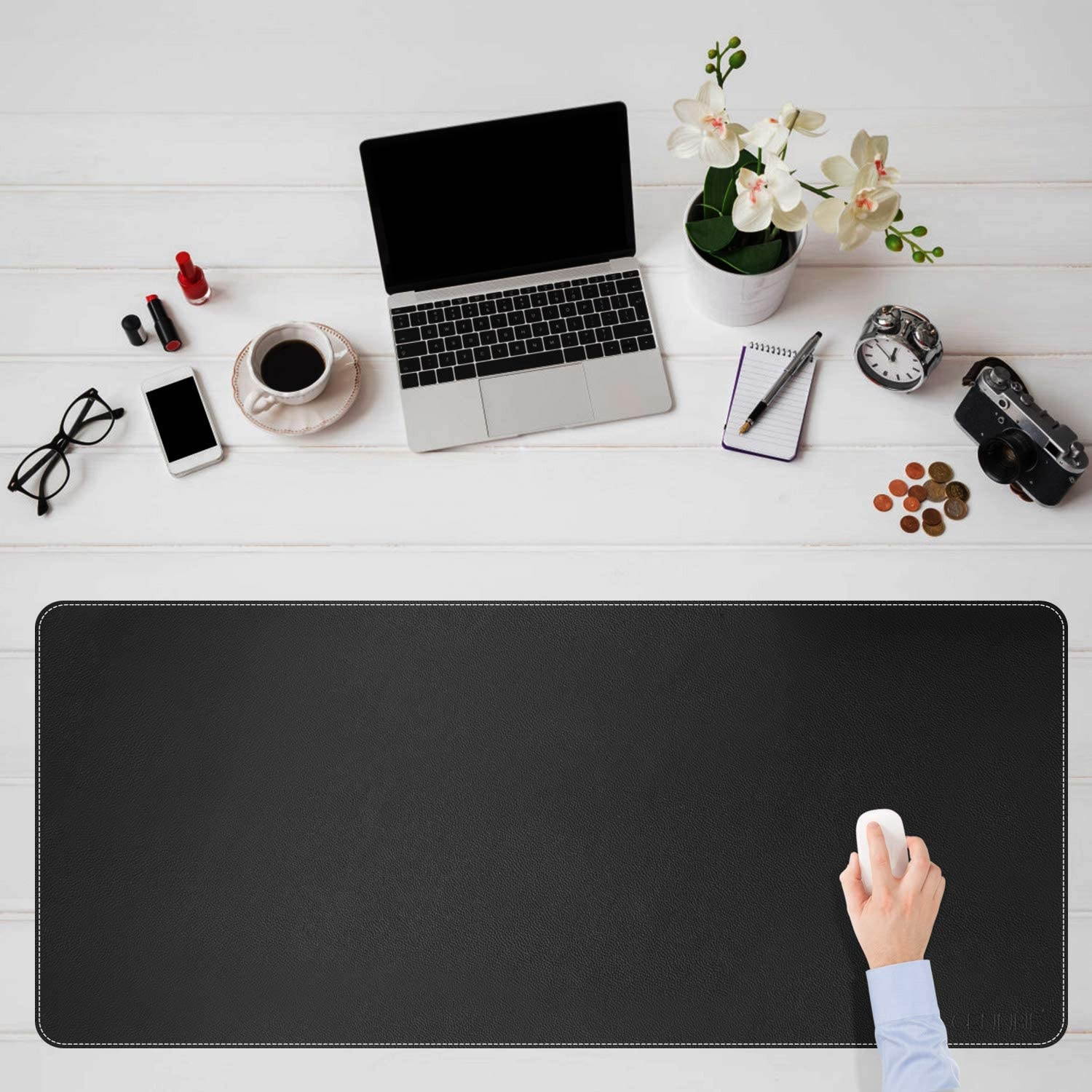 CENNBIE Extended Mega Size Professional Leather Desk Mat for Full Desk - Stitched Edges - 51" x 24" x 0.2" XXXL Large Mouse Pad (Black)