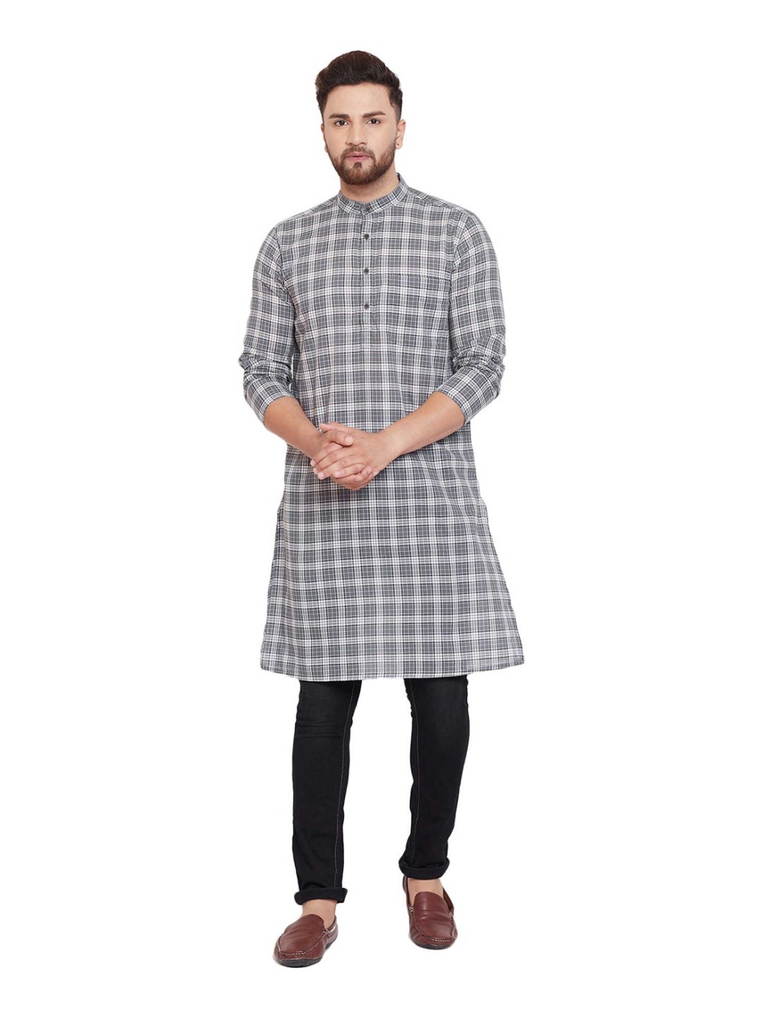 Even Grey Cotton Regular Fit Checks Kurta