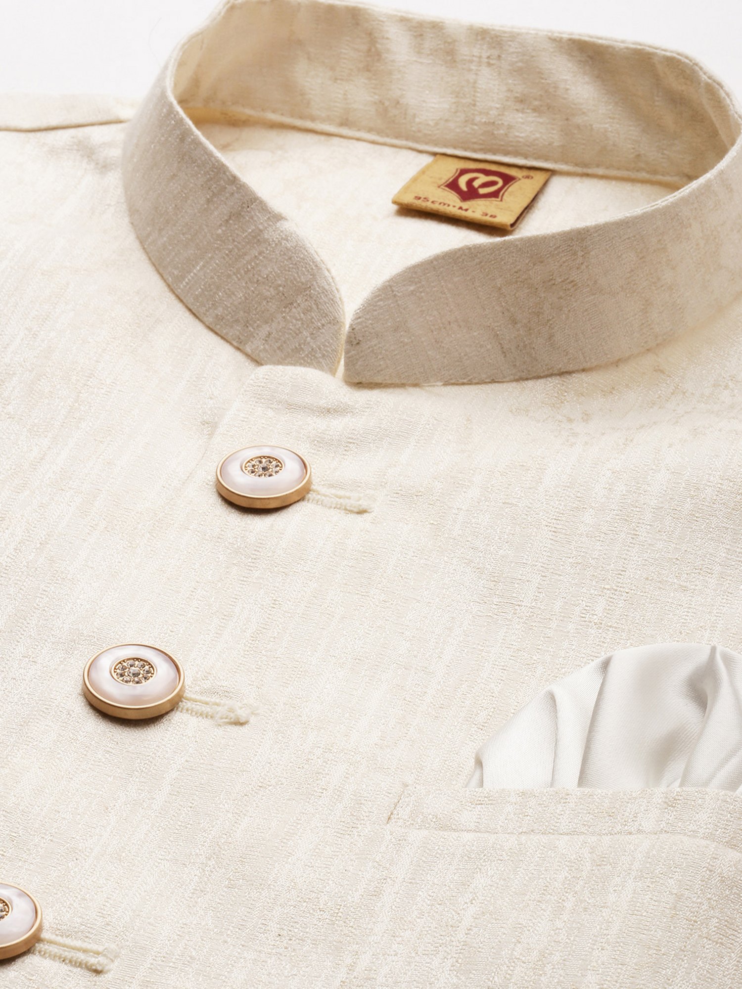 Manyavar Cream Regular Fit Self Design Nehru Jacket