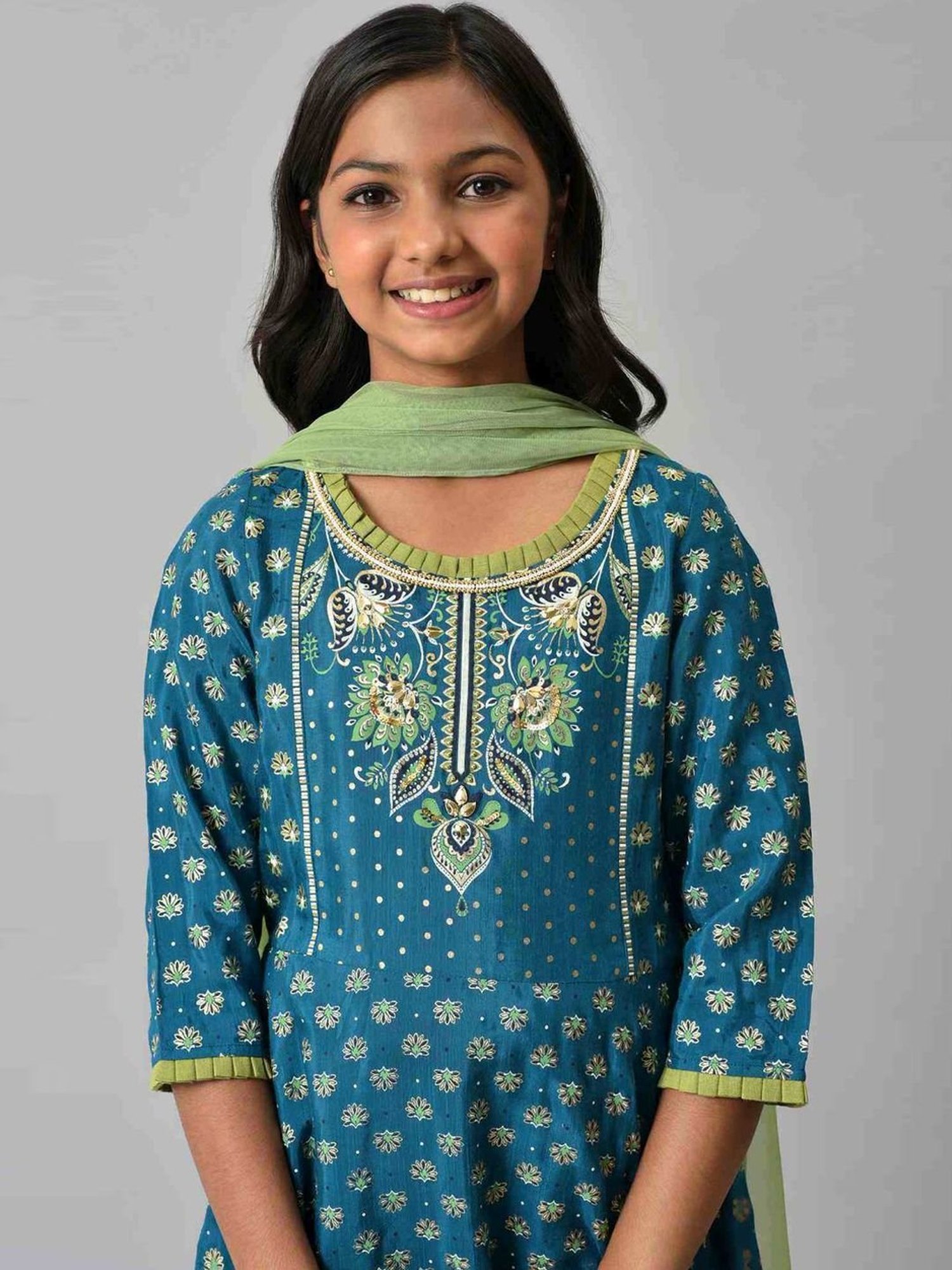 Aurelia Kids Blue & Green Printed Kurta Set