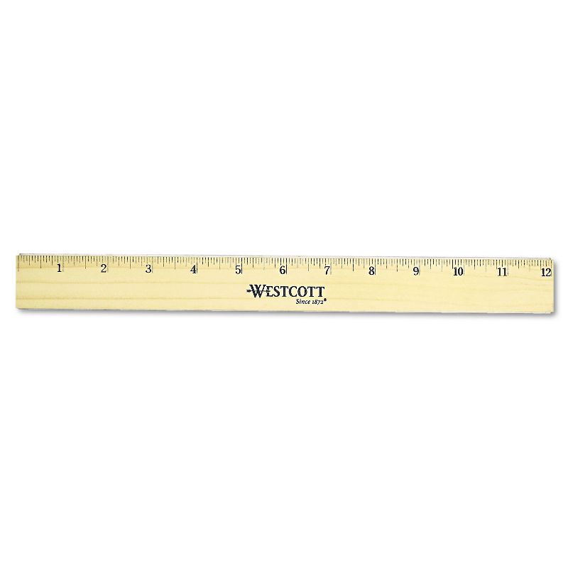 Westcott Flat Wood Ruler w/Two Double Brass Edges 12" Clear Lacquer Finish 05221