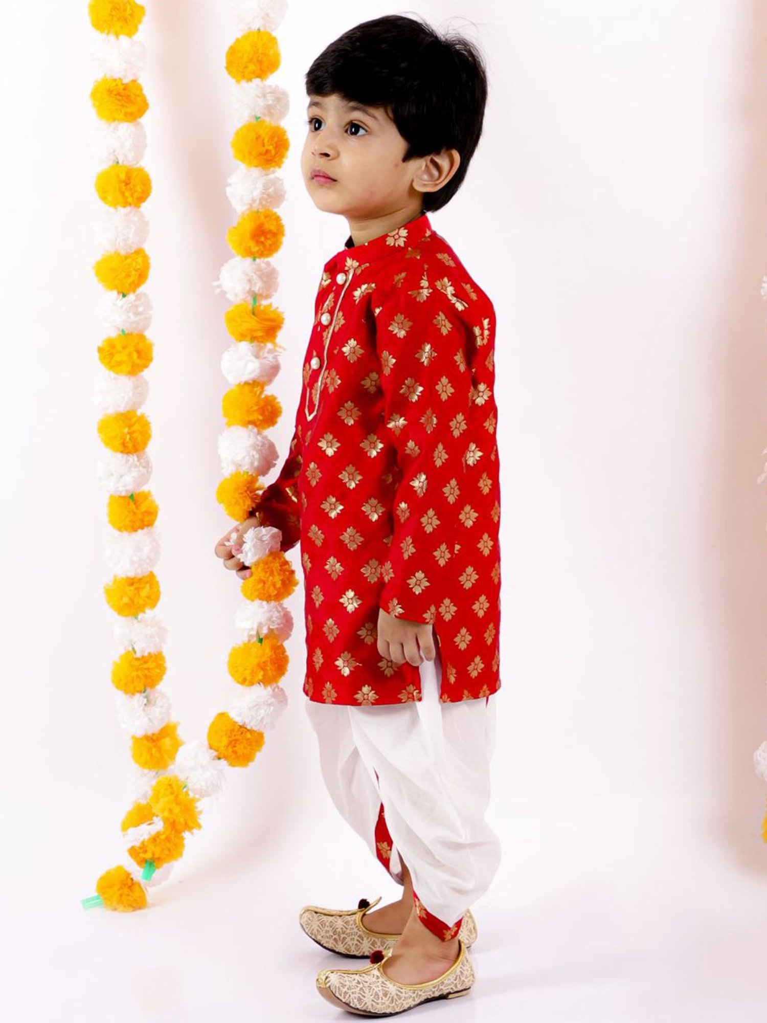 Little Bansi Kids Red & White Embellished Kurta Set