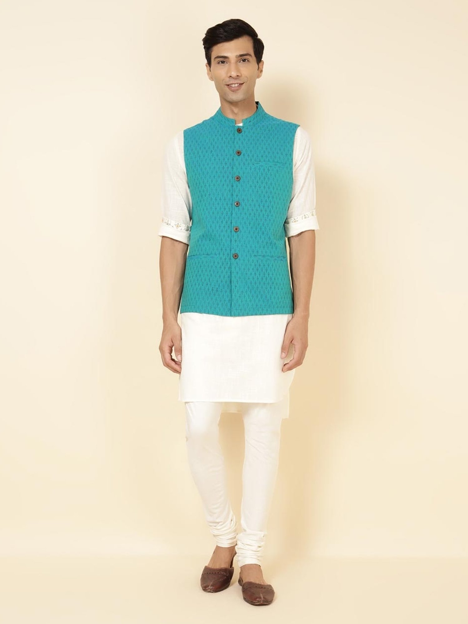 Fabindia Teal Cotton Regular Fit Printed Nehru Jacket