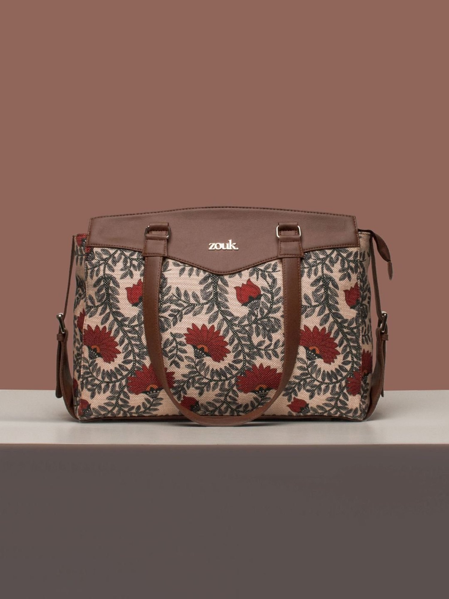 Zouk Nawabi Couture Beige & Red Jute Printed Tote Handbag