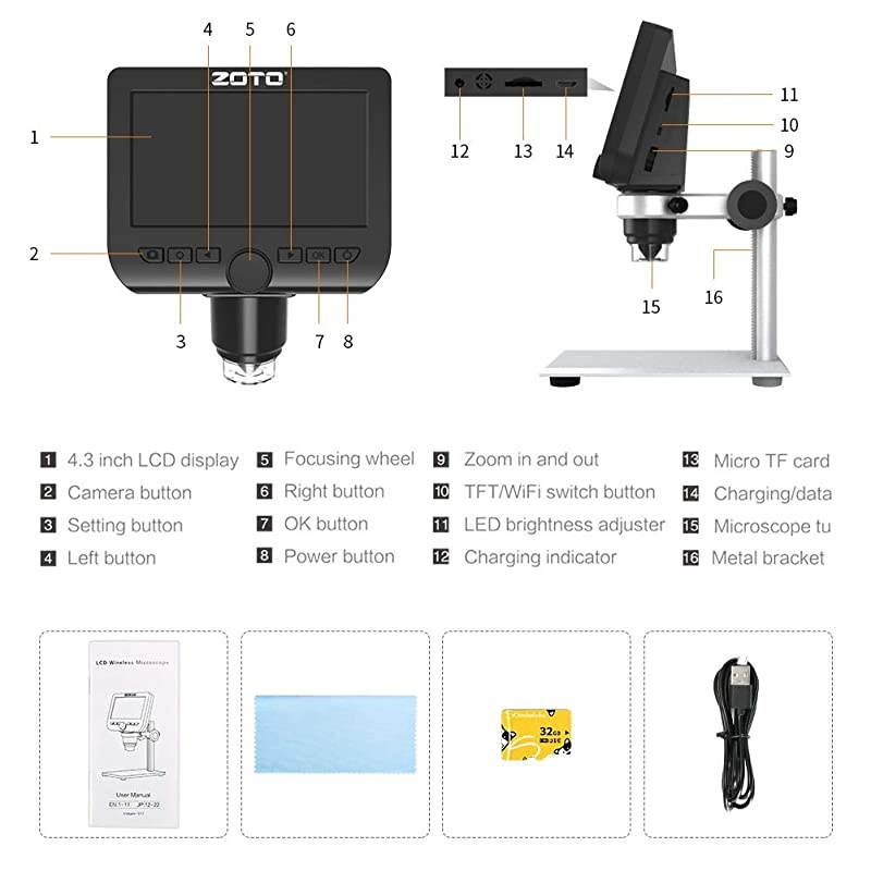 Digital Microscope  43inch 1080P Full HD LCD WiFi Microscope Camera 1000X Magnification Build in Rechargeable Battery 32GB USB Microscope for Kids Students LabEduSupport IOS Android PhonePC