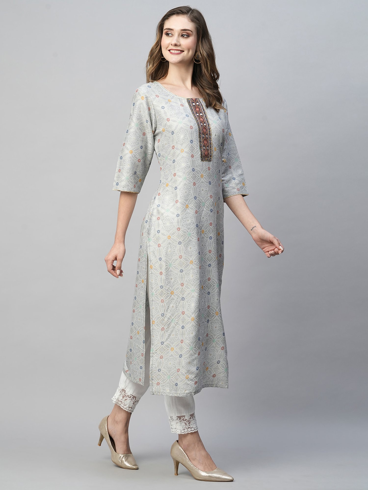 KIANA Grey Printed Straight Kurta