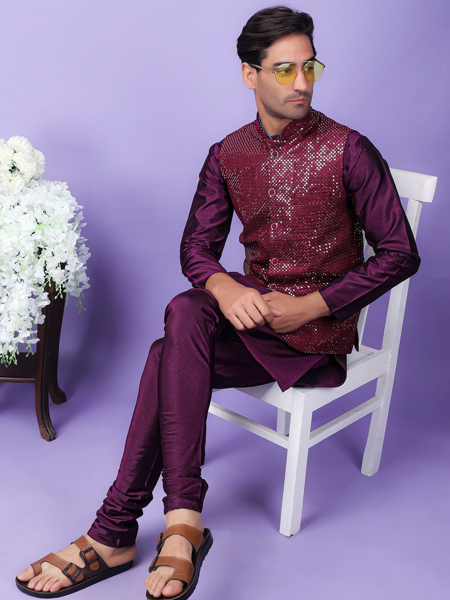 Hangup Purple Regular Fit Embroidered Kurta Set With Jacket