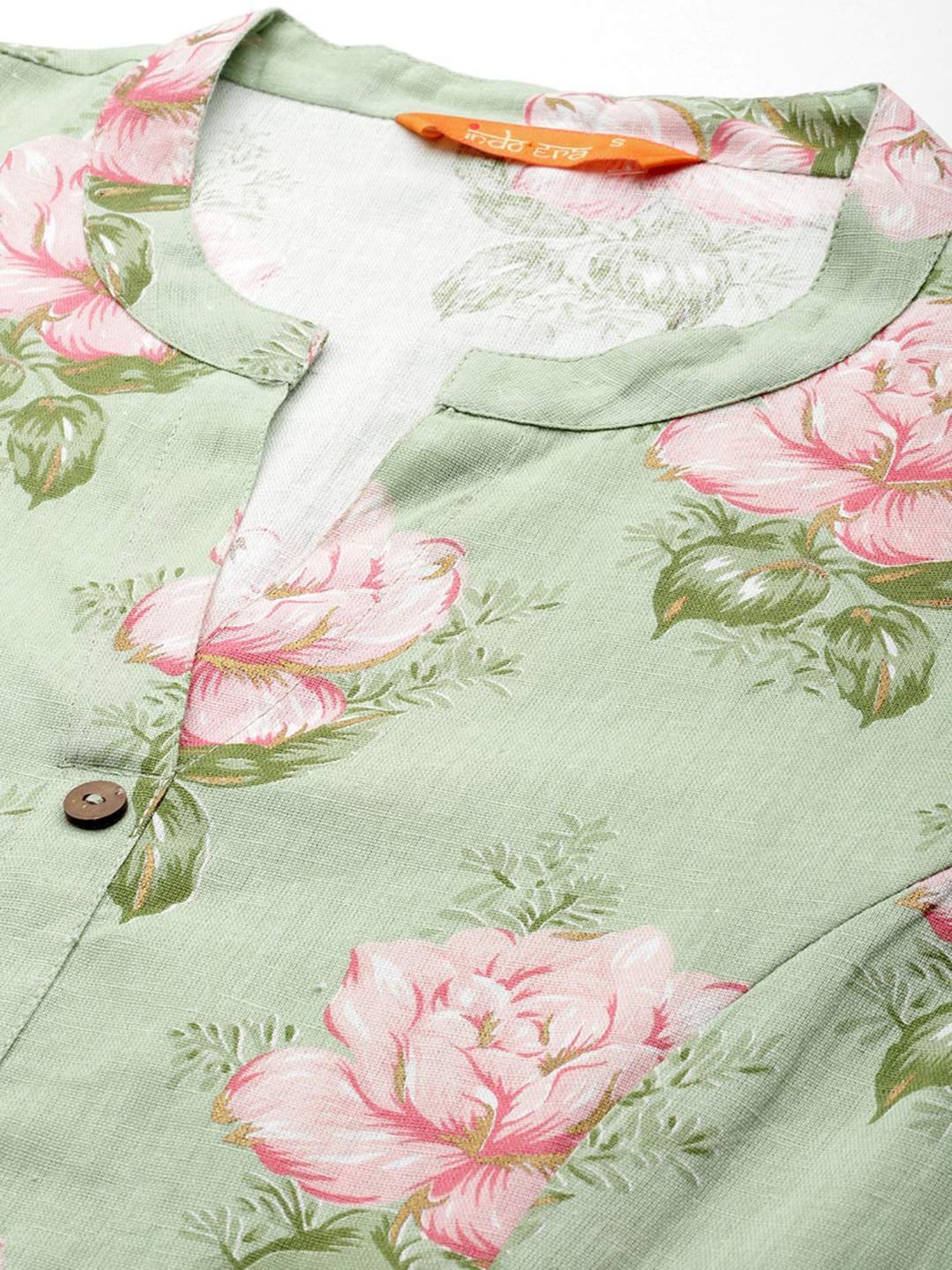 Indo Era Green Cotton Printed A Line Kurta