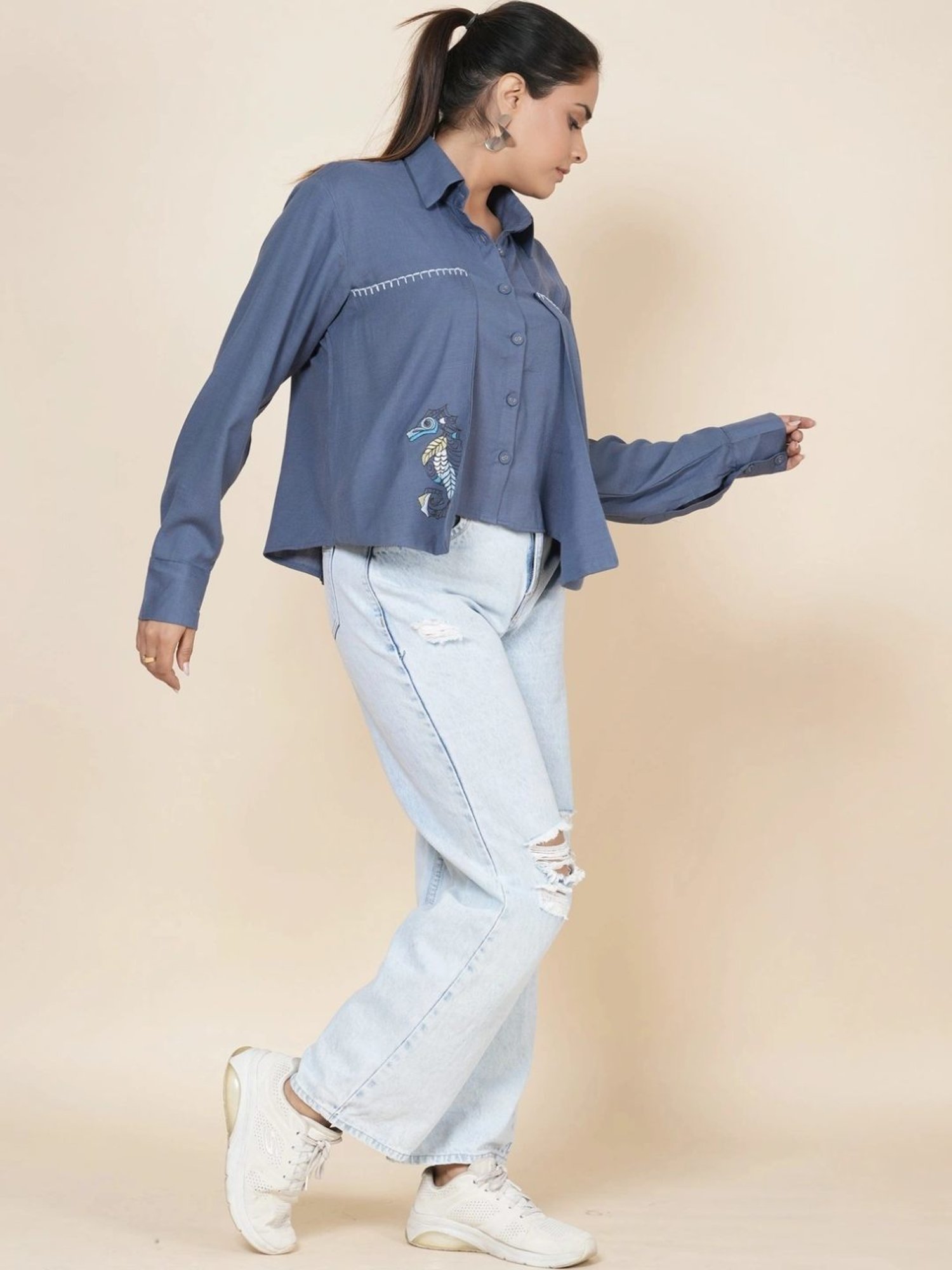 Kaftanize Blue Crop Linen Slit Back Shirt with Thread Work Embroidery