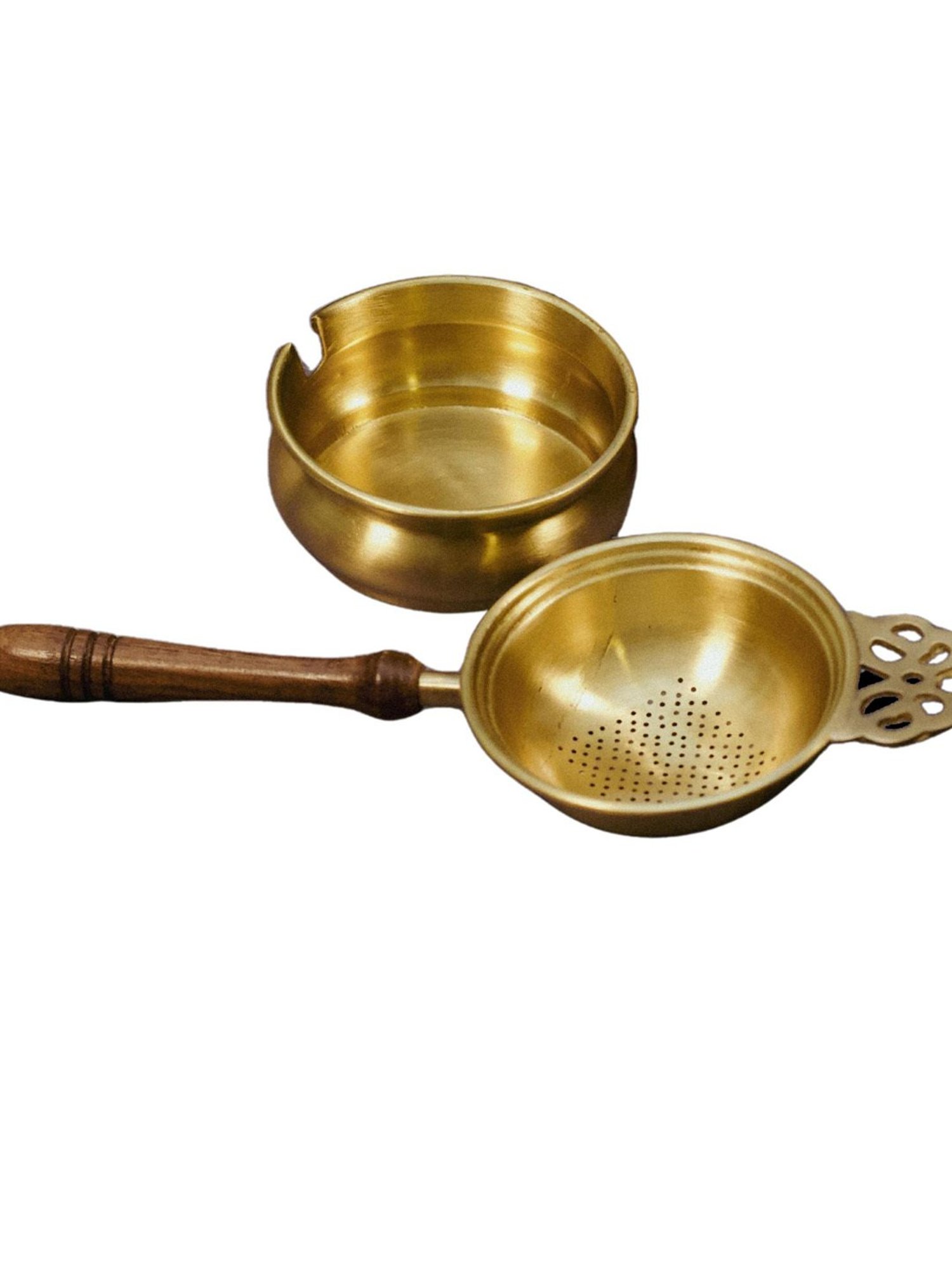 Ambi Exquisite Matte Finish 2 Pc Brass Large Tea Strainer With Resting Pot