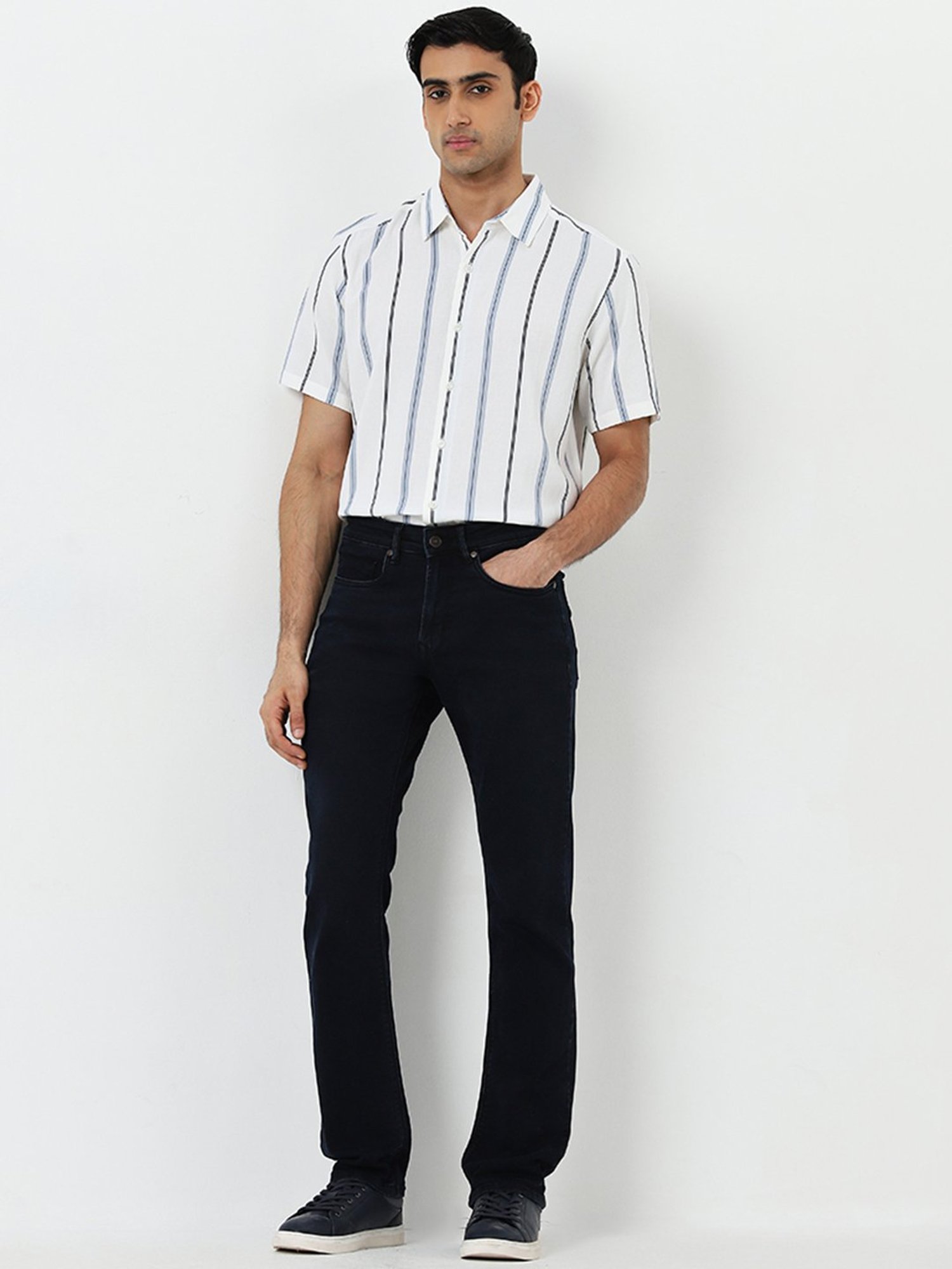 Ascot by Westside Off-White Striped Blended Linen Relaxed-Fit Shirt