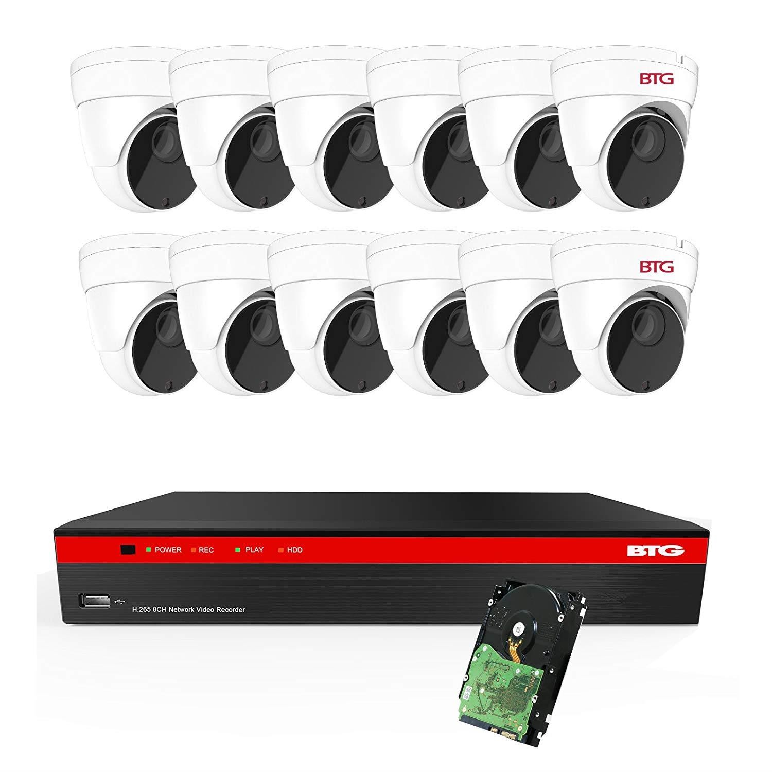BTG 16CH 5MP Security Camera System Built-in PoE 8MP 4K NVR with Outdoor 5MP Surveillance IP PoE 12 x Dome Cameras HD 2592 x 1944 IR CCTV System H265 2TB HDD