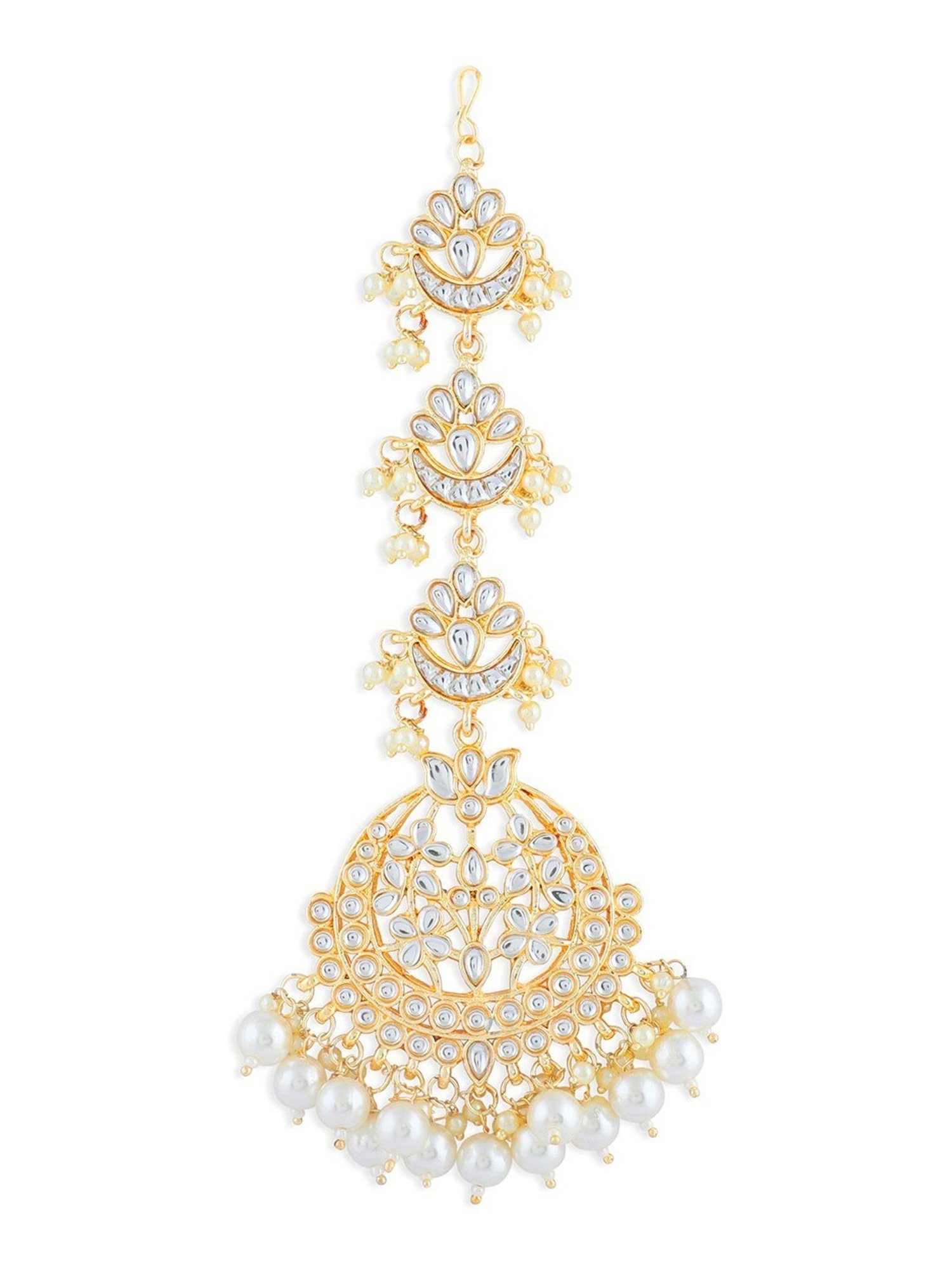 Oomph Gold Tone Kundan & Pearls Lotus Design Large Wedding Maang Tikka
