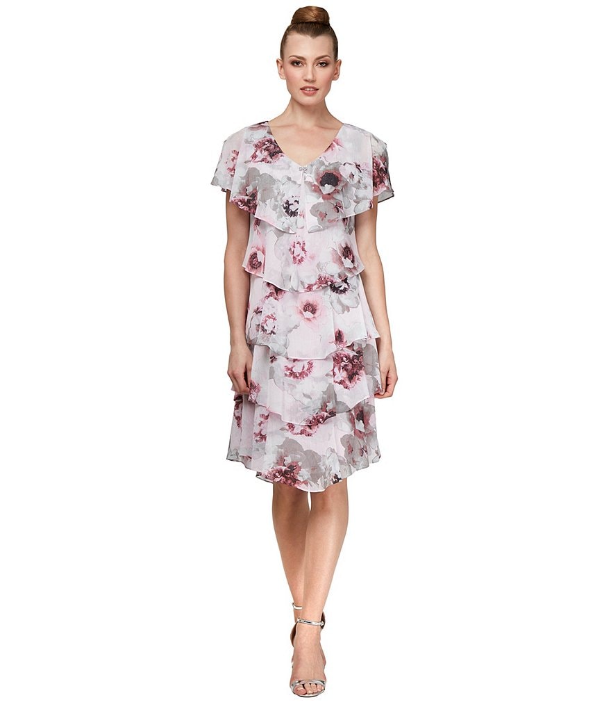 Ignite Evenings V-Neck Short Sleeve Floral Print Tiered Ruffle Dress