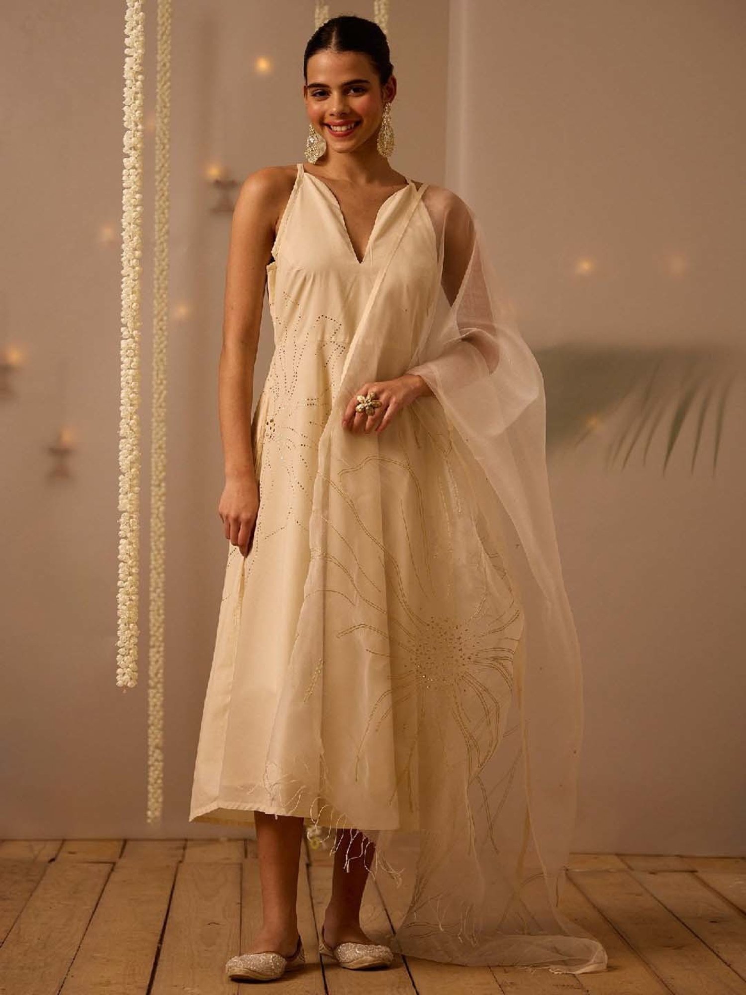 Okhai Off White Embellished Ethnic Dress With Dupatta