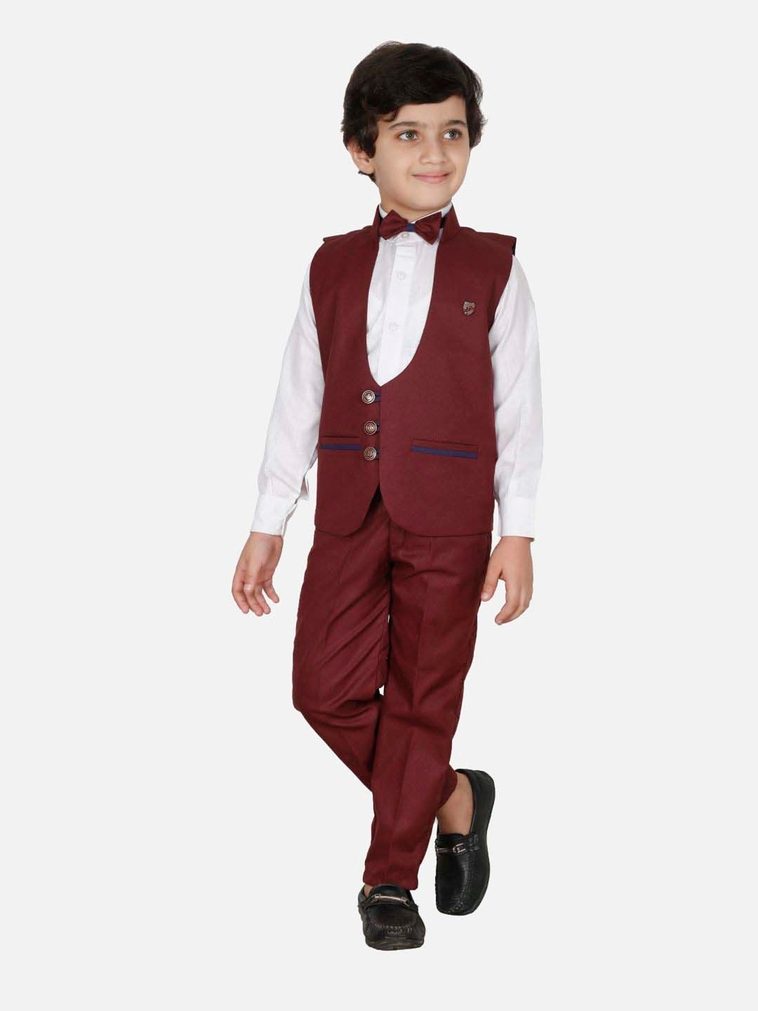Fourfolds Boys Maroon & White Solid Full Sleeves Clothing Set