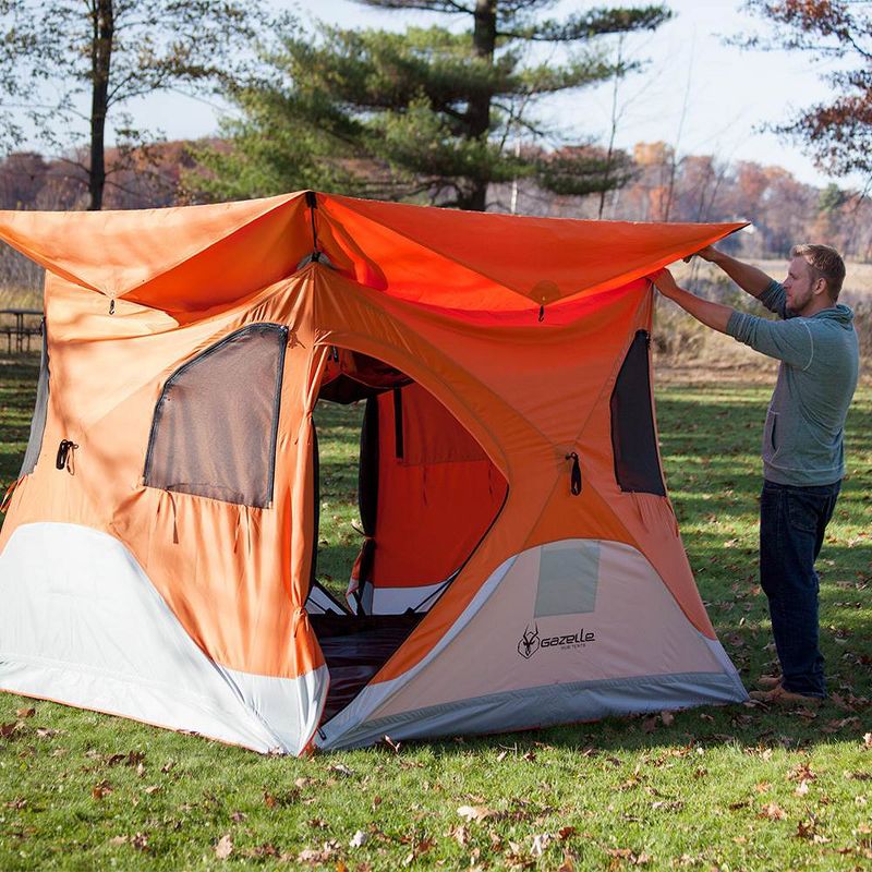 Gazelle T4 94" x 94" 4-Person Pop Up Camping Hub Tent with Removable Floor, Rain Fly, Ground Stakes, and Tie-Down Ropes for Camping or Picnicking