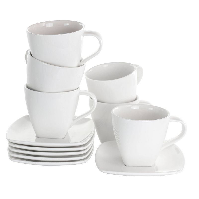 10oz 12pc Porcelain Market Square Cup and Saucer Set White - Elama