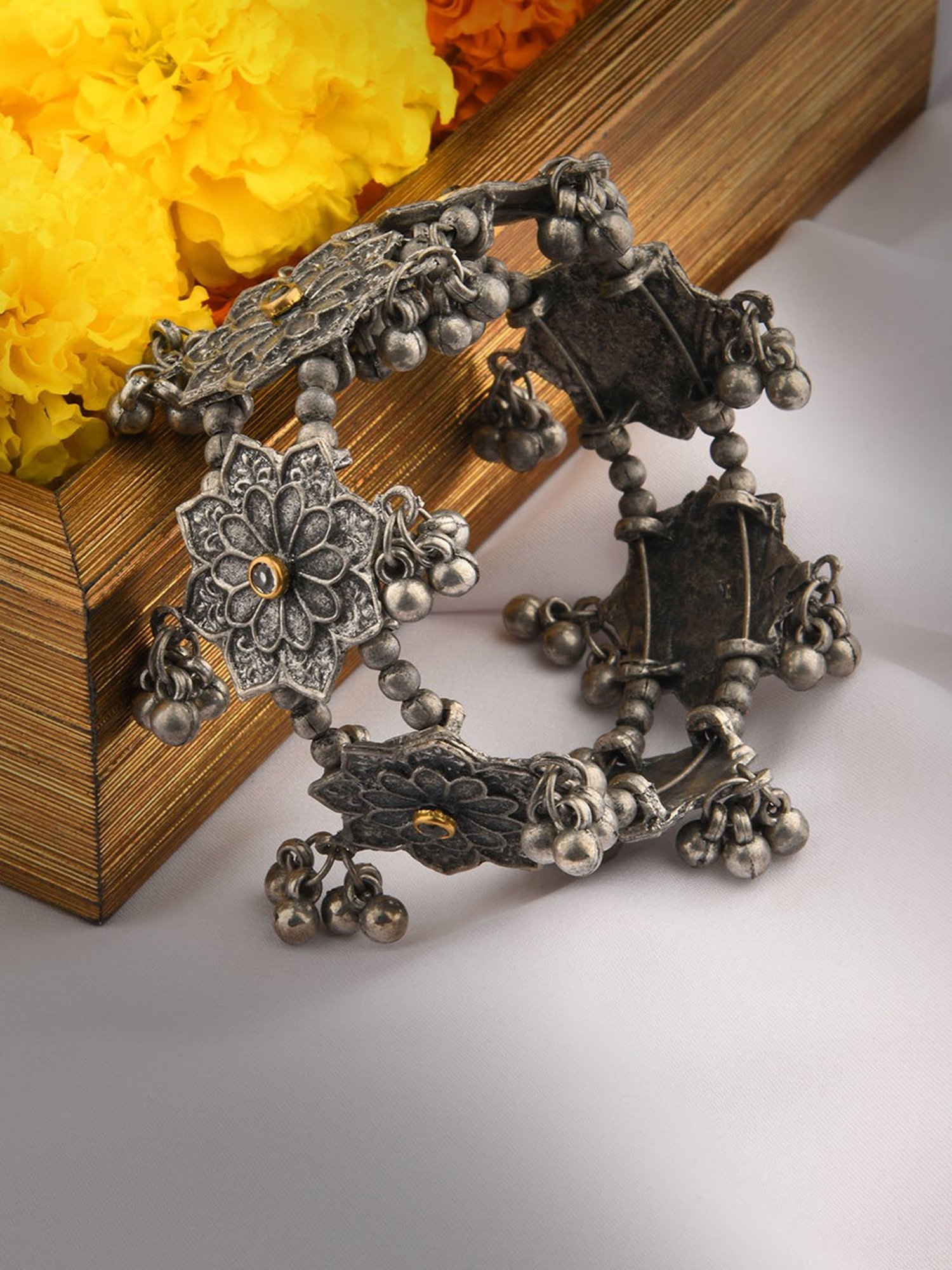 Fida Ethnic Silver-Plated Floral Adjustable Cuff Bracelet for Women