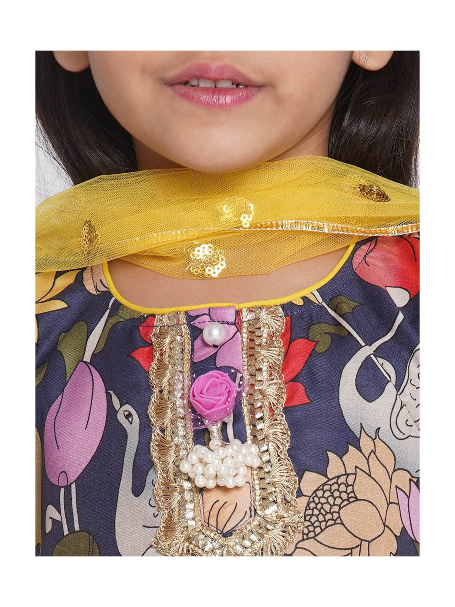 Little Bansi Kids Navy & Yellow Floral Print Kurta, Sharara with Dupatta