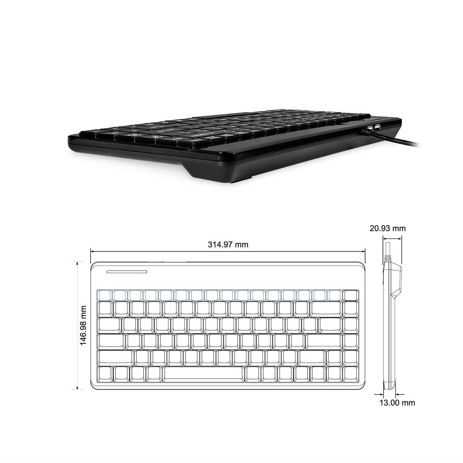 Perixx PERIBOARD-409H, Mini Keyboard with USB Port - 12.40x5.79x0.79 Inch Dimension - Piano Finish Black - Build in 2x USB2.0 Hubs - USB Interface
