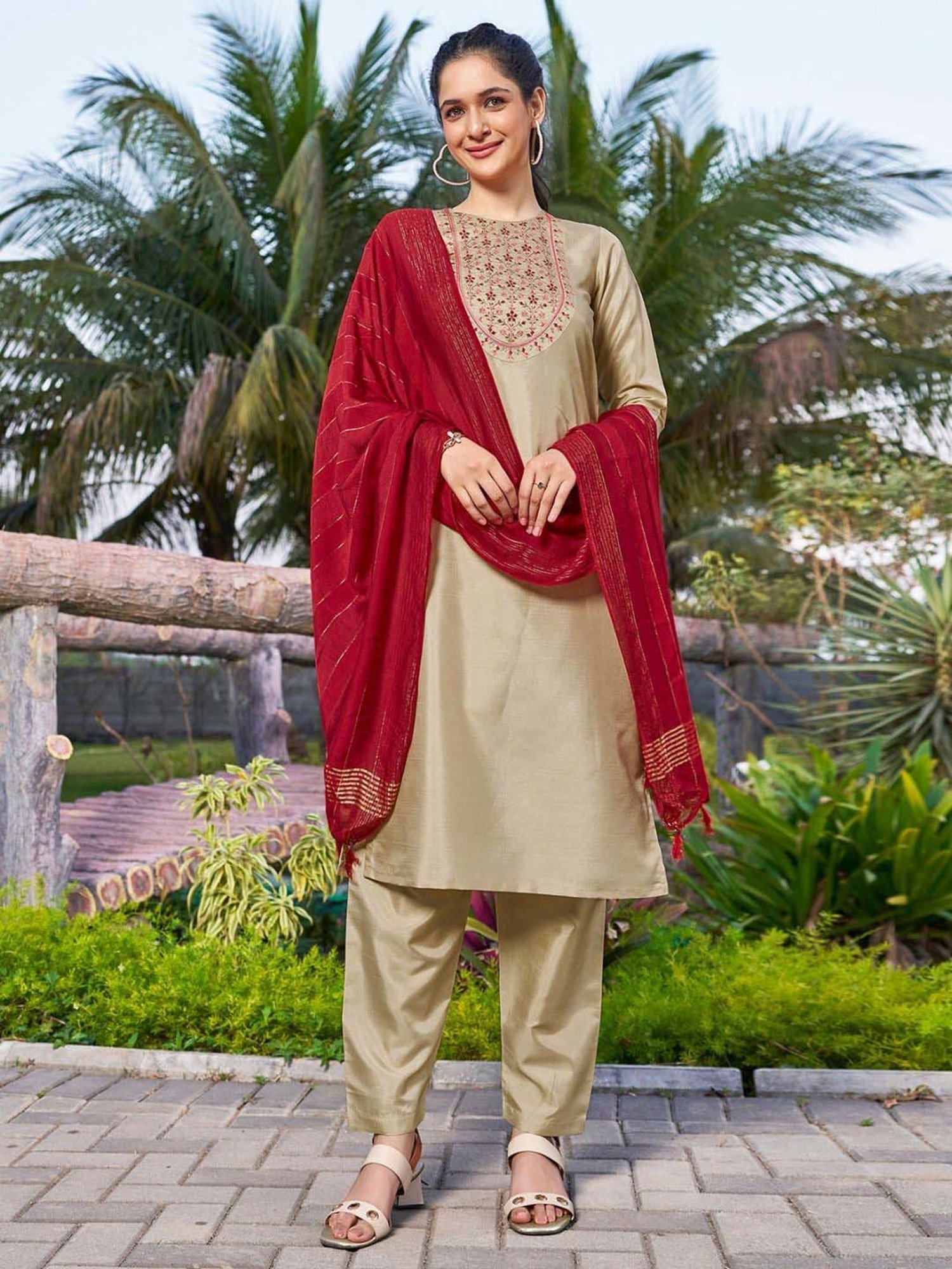 Skylee Beige Embroidered Kurta Pant Set With Dupatta