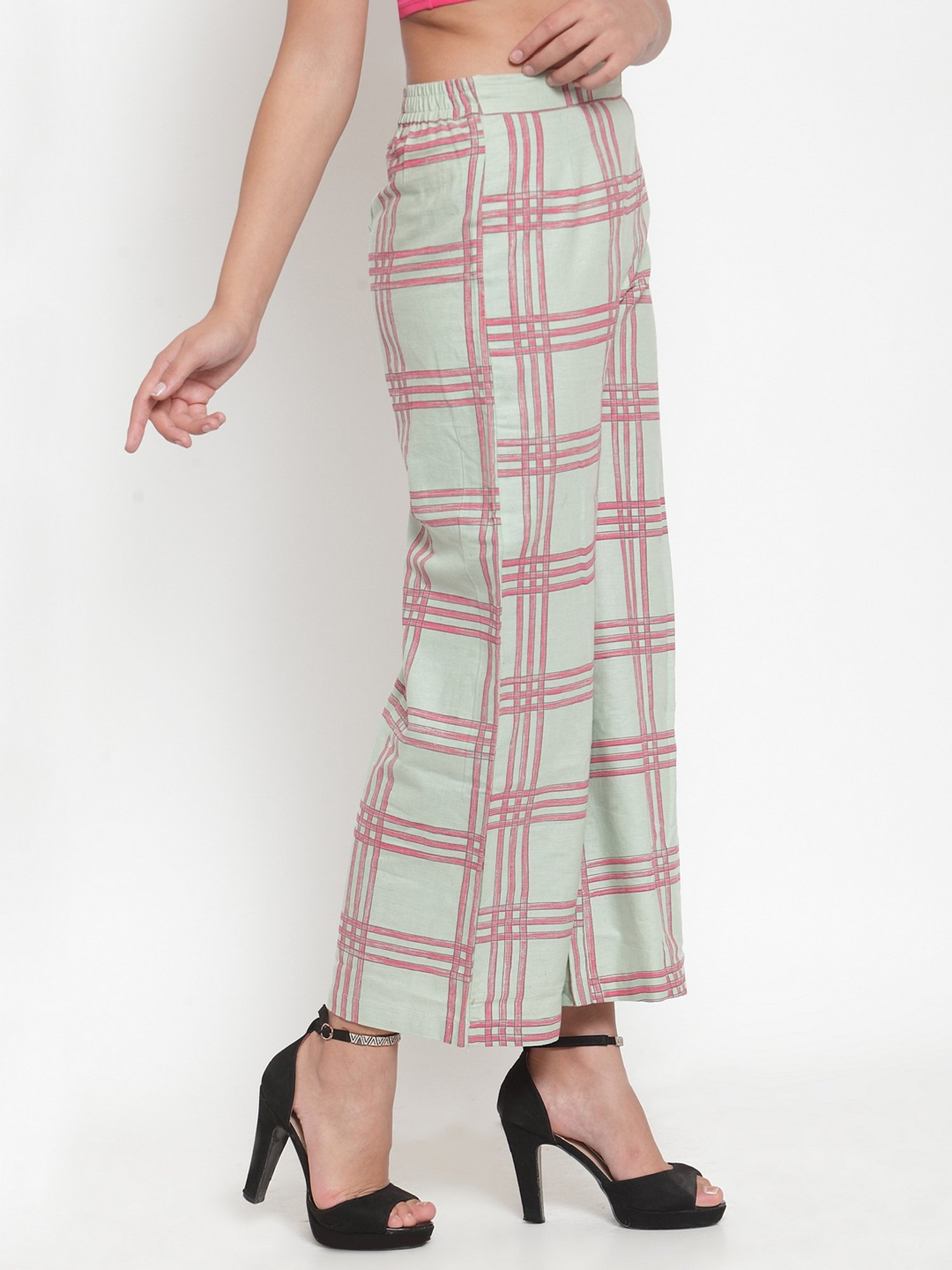 Indibelle Pista Green Cotton Chequered Palazzos