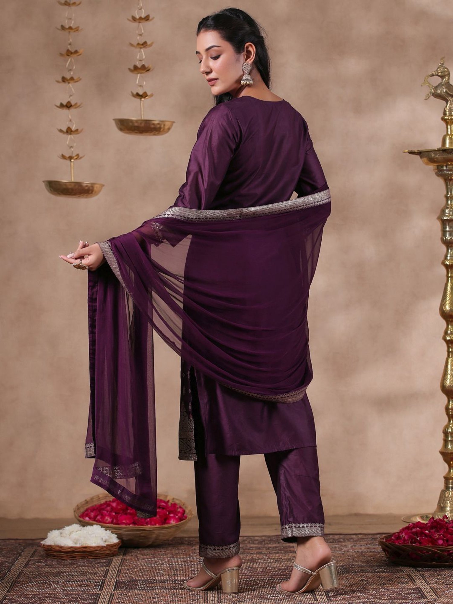 Ishin Purple Woven Pattern Kurta Pant Set With Dupatta