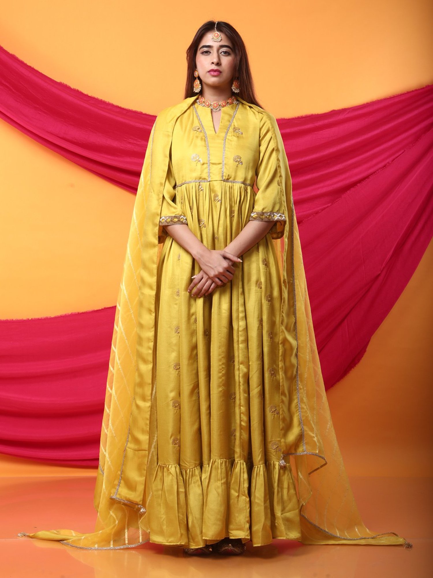 Monk & Mei Zunera Long Anarkali Kurta with Dupatta Set-Canary Yellow