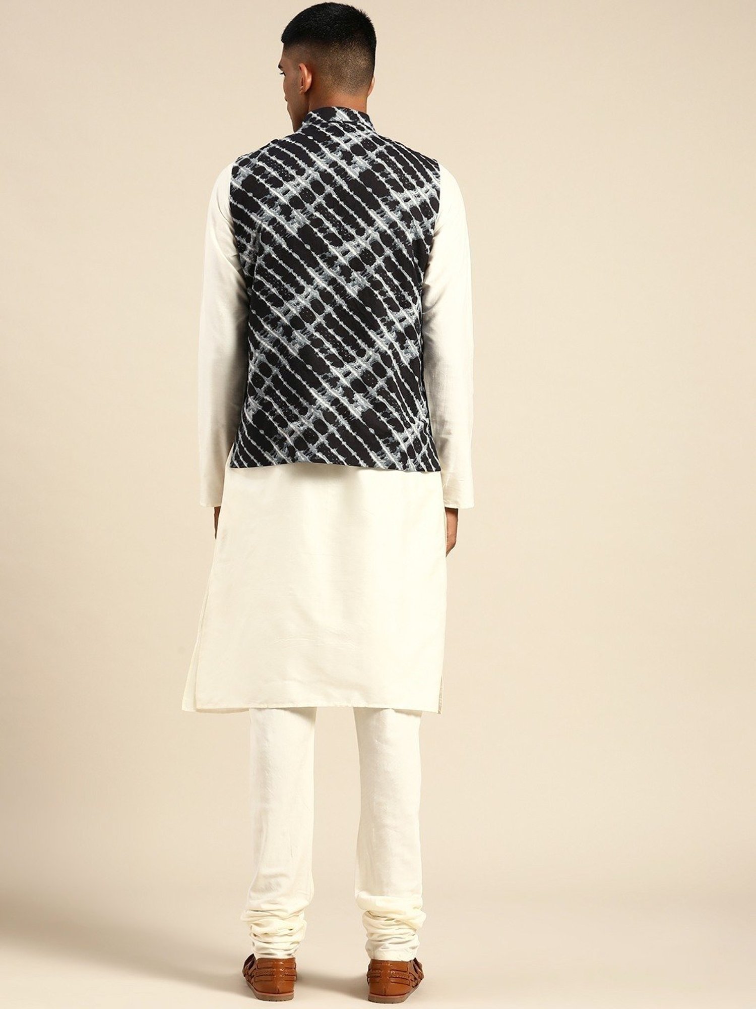 KISAH Black & Beige Regular Fit Printed Kurta Set With Jacket