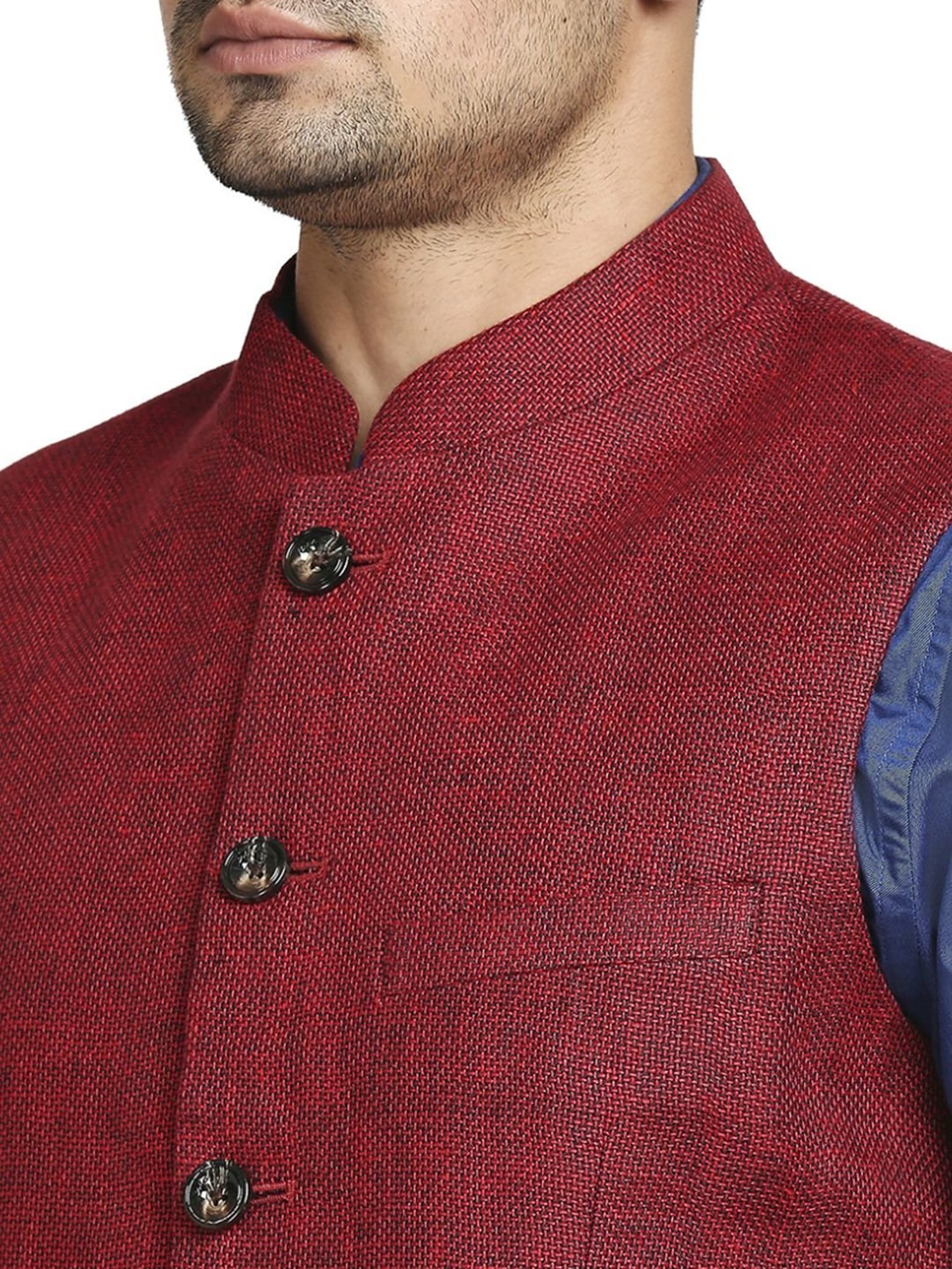 Colorplus Dark Red Tailored Fit Self Pattern Nehru Jacket