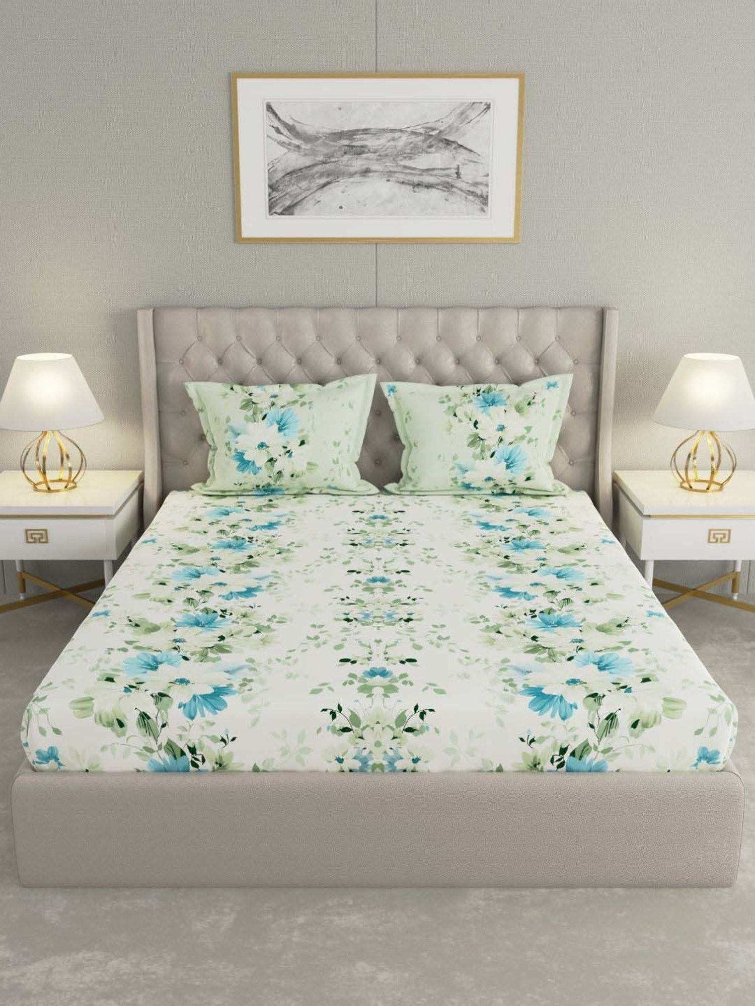 Raymond Home Camphor White & Blue 144 TC Cotton Queen Bedsheet with 2 Pillow Covers