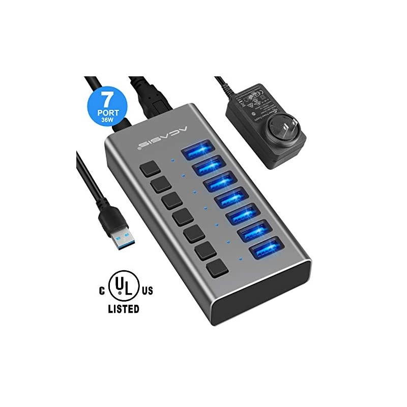 Powered USB Hub  7 Ports 36W USB 30 Data Hub with Individual OnOff Switches and 12V3A Power Adapter USB Hub 30 Splitter for Laptop PC Computer Mobile HDD Flash Drive and More