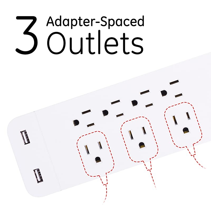 Power Strip Sur Protector with USB Charr 7 Outlets 2 USB Ports Fast Char Flat Plug Extra Long Power Cord 15 Feet Wall Mount Warranty White 36362