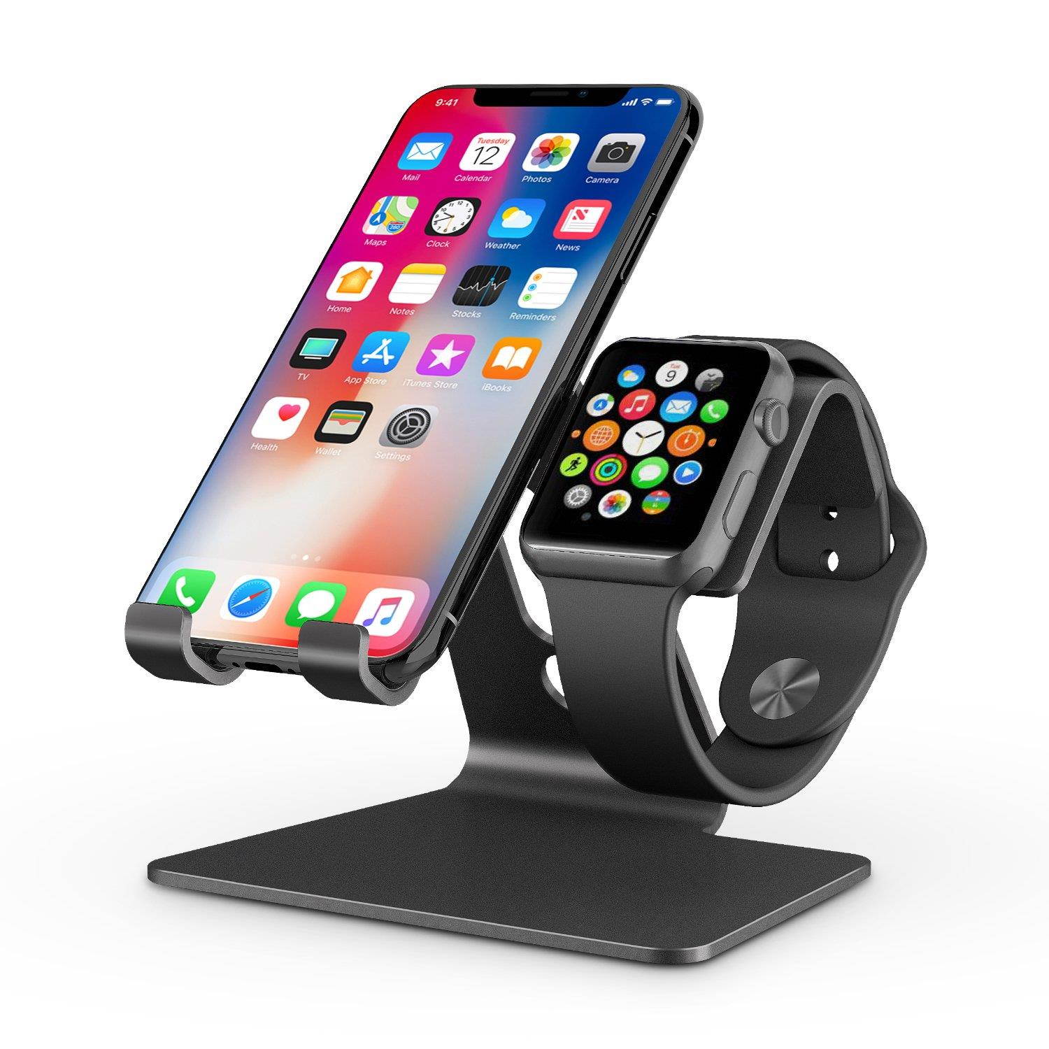 Apple Watch Stand, OMOTON 2 in 1 Universal Desktop Stand Holder for iPhone and Apple Watch (Both 38mm/40mm/42mm/44mm) (Black)