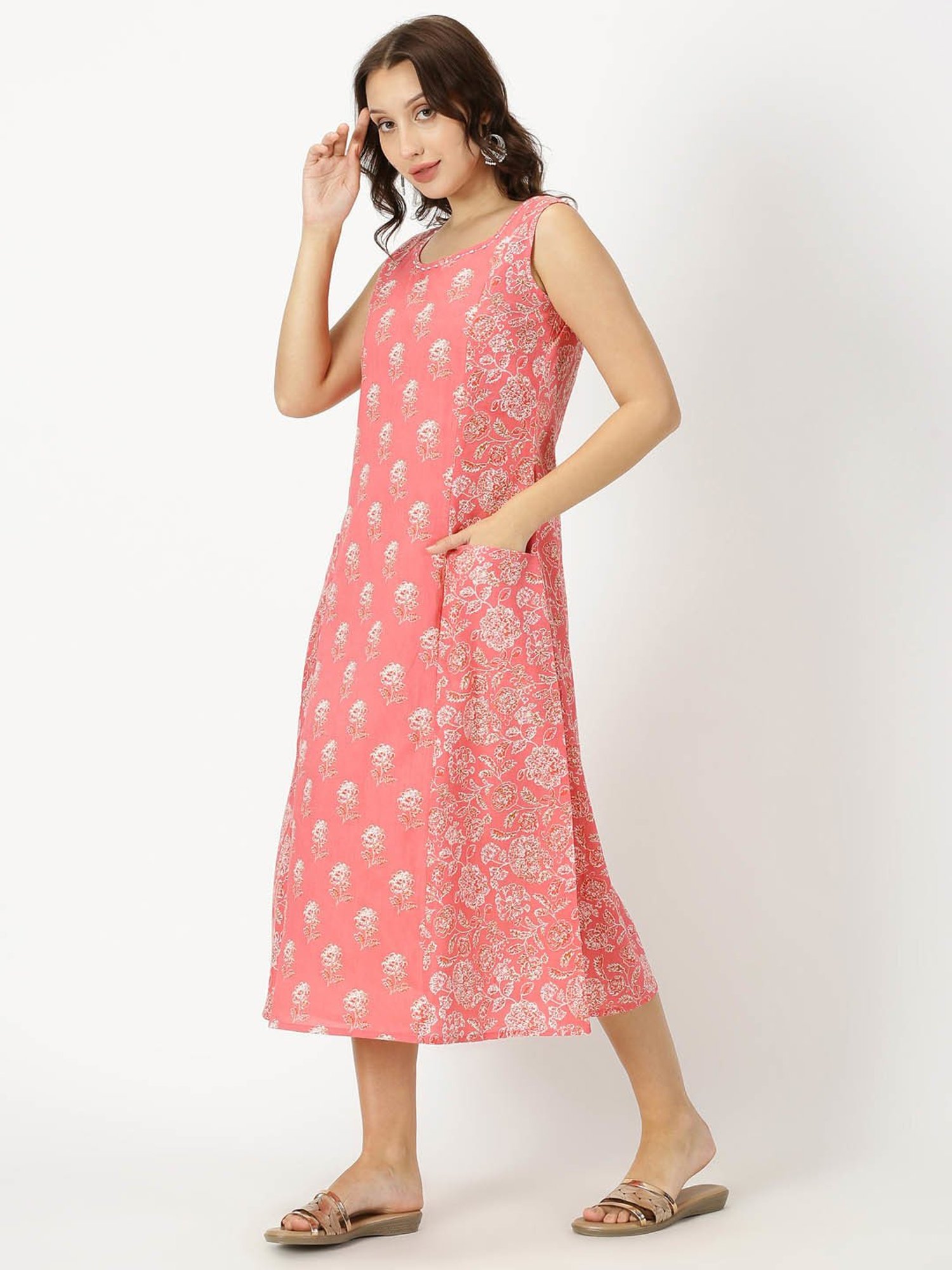 Saffron Threads Coral Cotton Floral Print Ethnic Dress