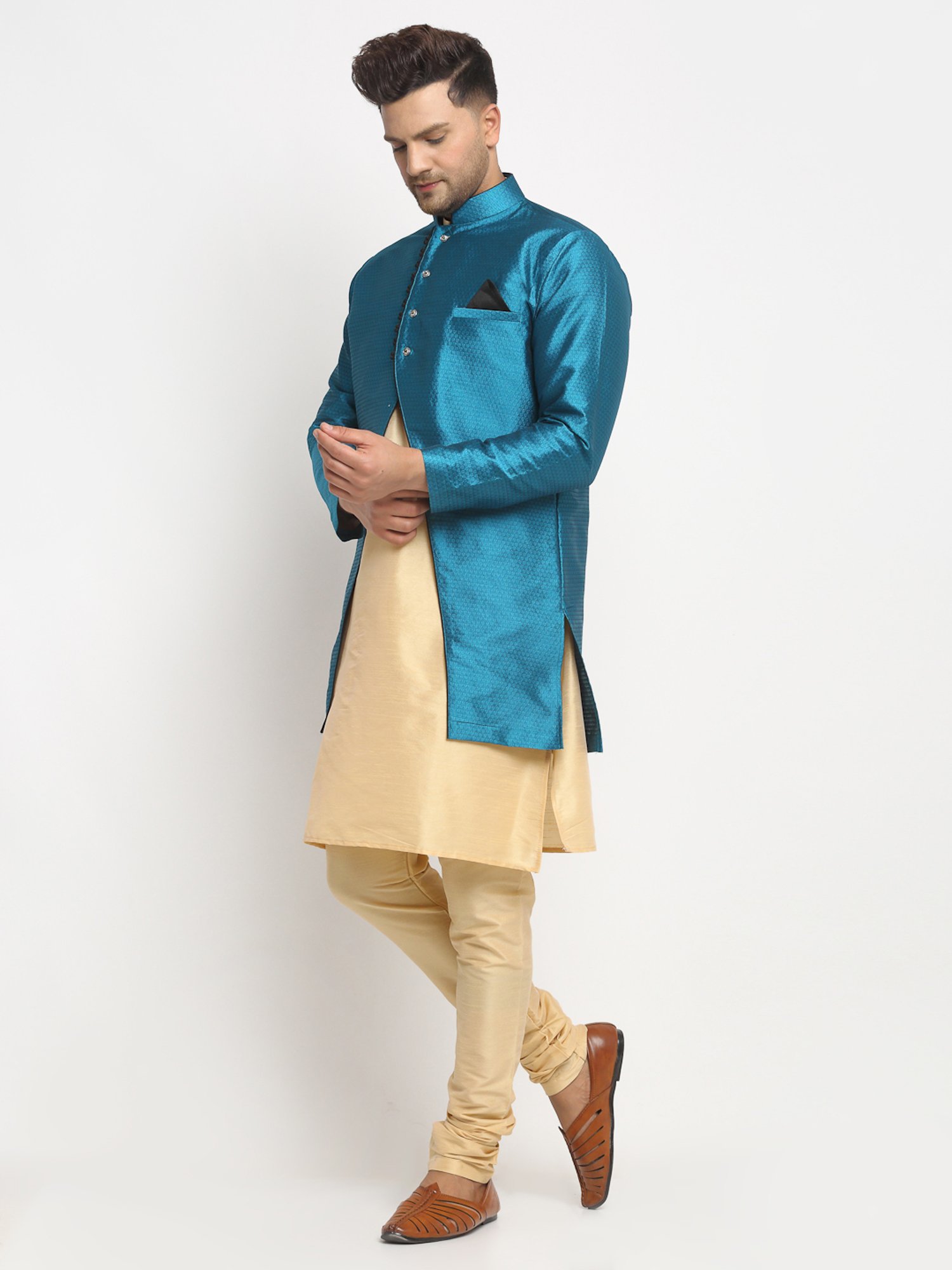 Benstoke Gold & Peacock Blue Regular Fit Self Pattern Kurta Set With Jacket